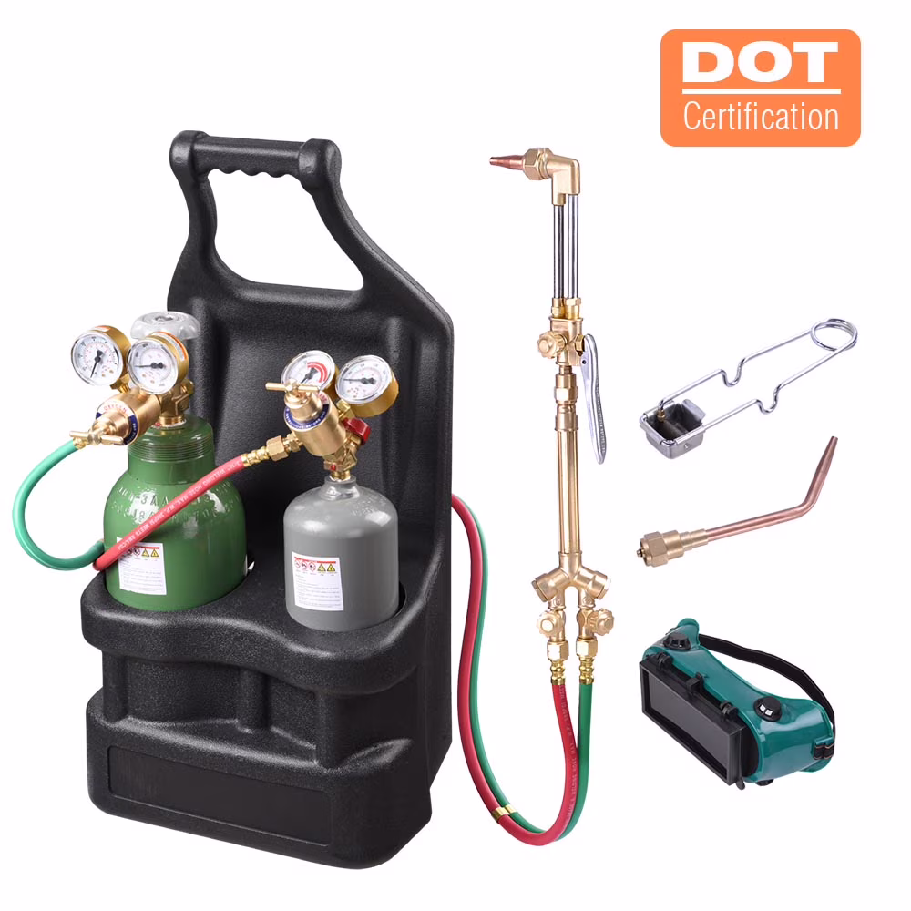 DOT Oxy Acetylene Torch Kit Gas Tank Brazing Welding Cutting Black Holder Gauge Portable Brass Nozzle Long Pipe Goggles Heavy Duty Oxygen Welder Tool Set