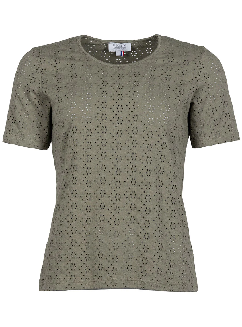Tee-shirt femme en maille ajourée coton vert kaki