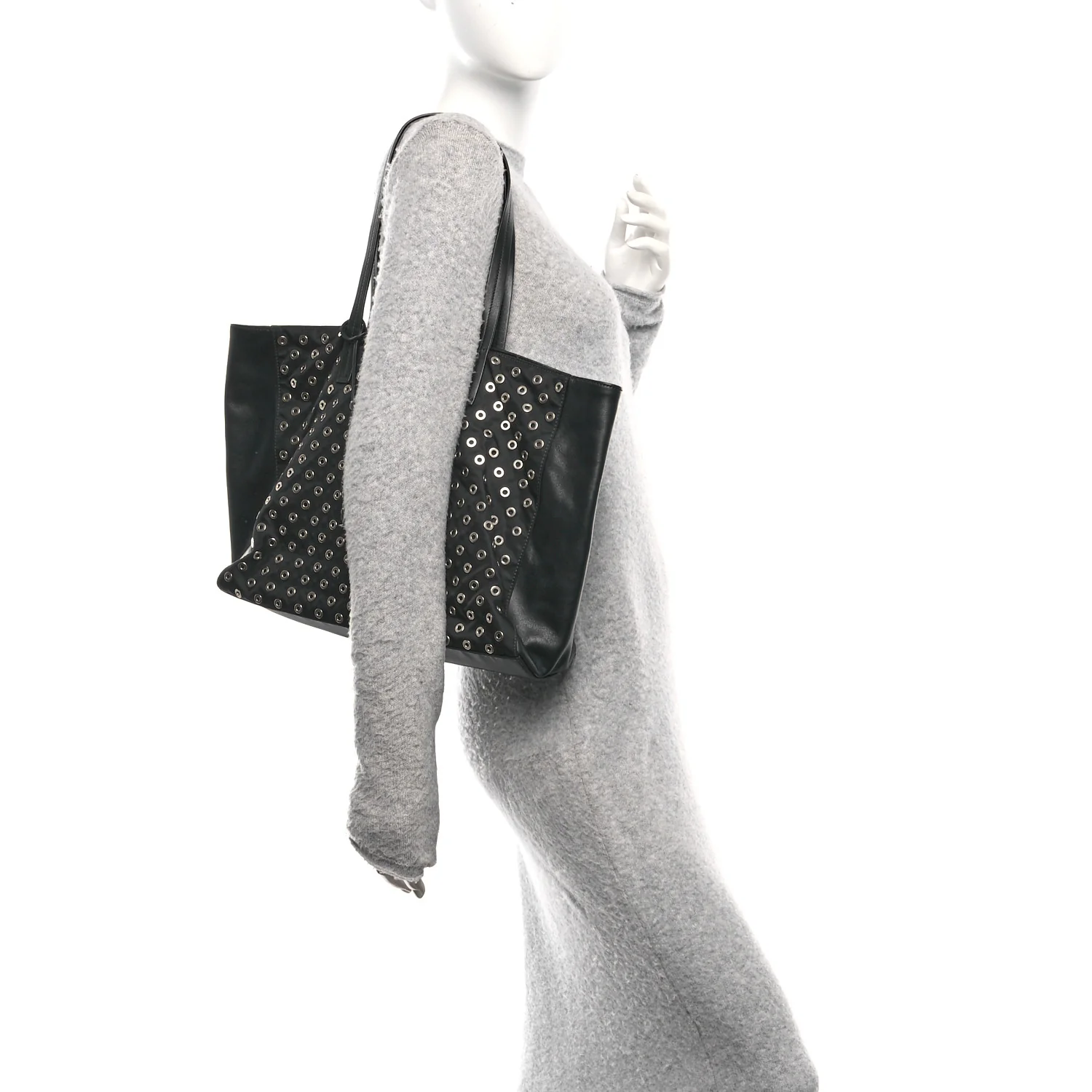 Tessuto Nylon Calfskin Grommet Tote Black
