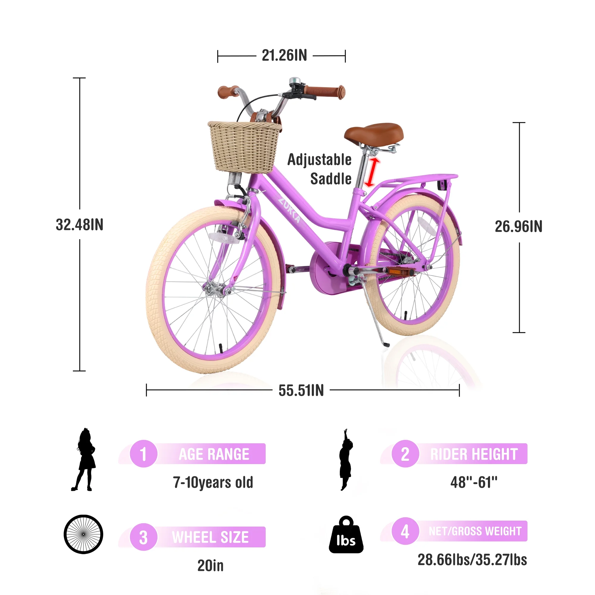 Aukfa 20 in Girl'S Bikes with Basket, Children'S Bicycle for 7 - 10 Years Old Kids, Purple