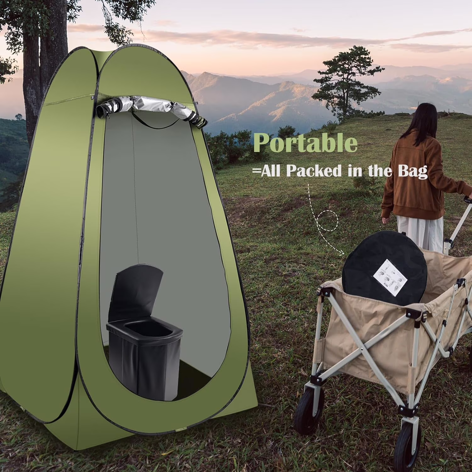 Portable Camping Toilet Kit for Adults, X Large Pop-Up Privacy Tent with Folding Toilet and Outdoor Shower Facilities(Green)