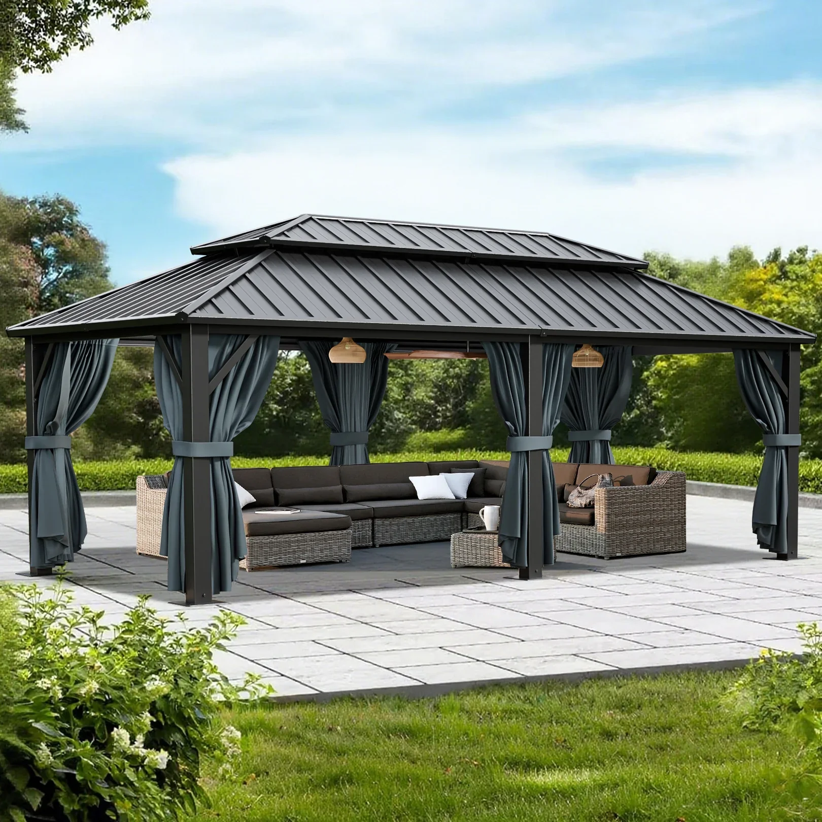 COBIZI 10x12 Hardtop Gazebo Aluminum Gazebos with Galvanized Steel Double Roof Metal Gazebo with Curtains and Netting Permanent Steel Gazebo for Backyard, Garden and Patio, Brown