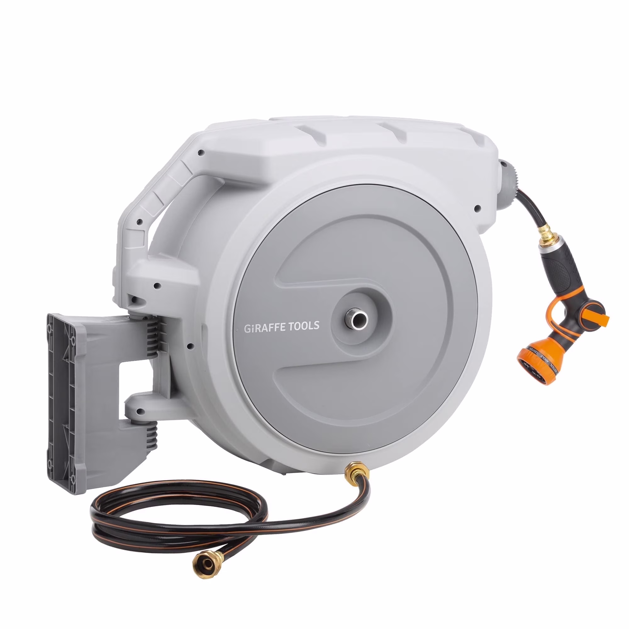 Giraffe Tools Retractable Garden Hose Reel with 1/2in-100ft Water Hose, Plastic Bracket, Wall Mounted, Dark Grey