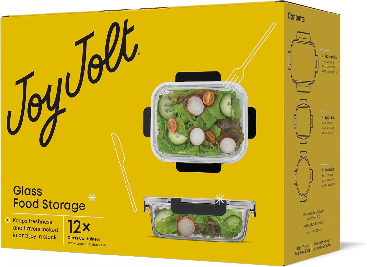 JoyJolt 24pc Borosilicate Glass Storage Containers with Lids| 12 Airtight/Freezer Safe Food Storage Containers for Pantry and Kitchen| Meal Prep Container for Lunch| Glass Tupperware Set
