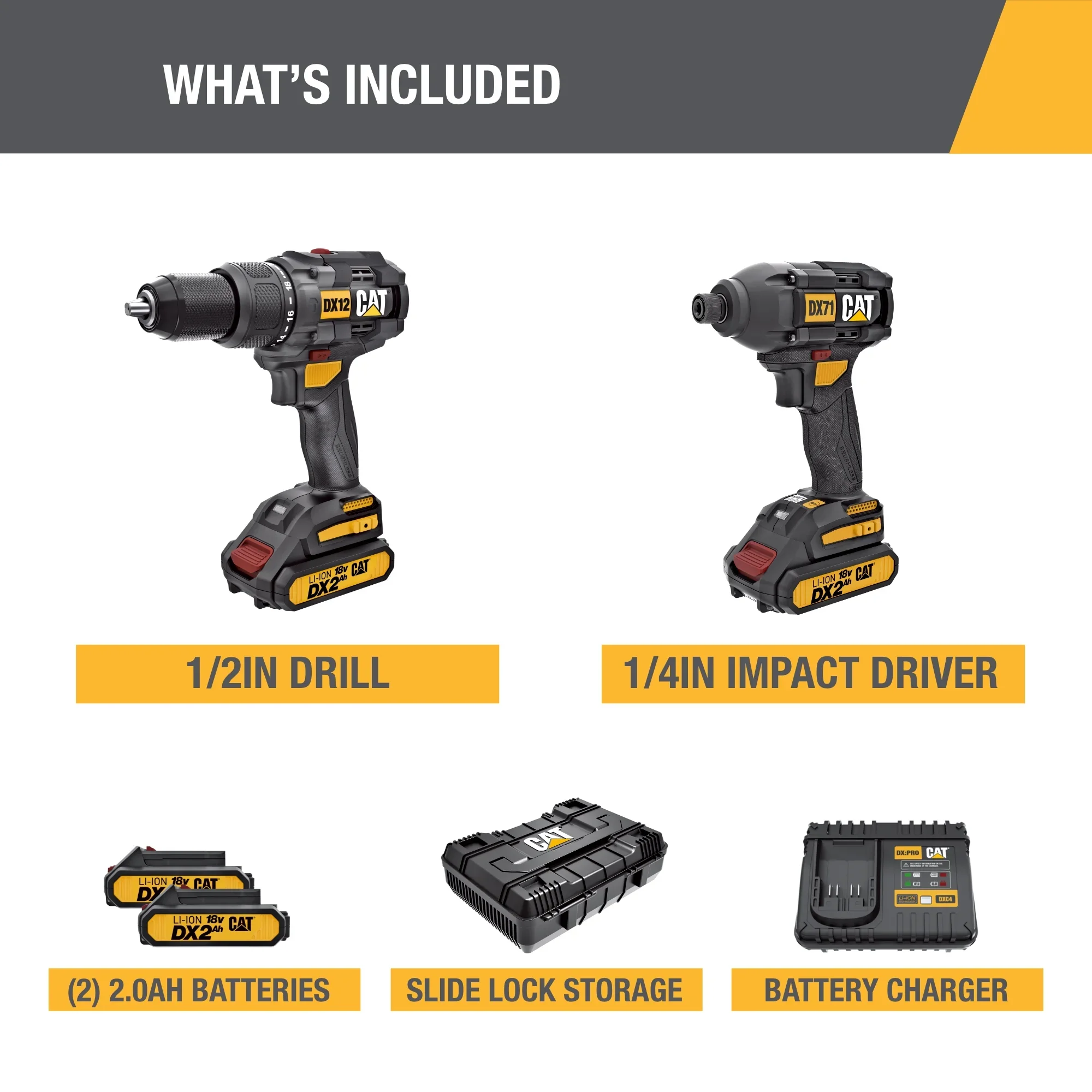 Caterpillar Cat? DX12K 18V Cordless Hammer Drill & Impact Driver Combo Kit with 2 Batteries