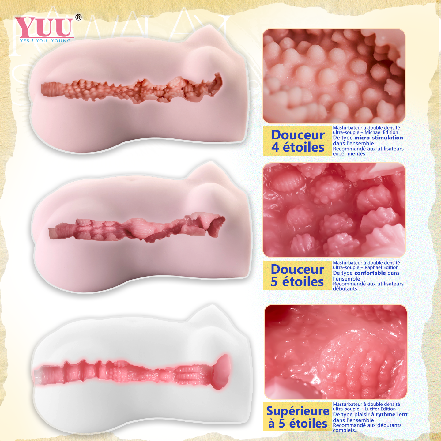 Infographie comparant trois structures internes en coupe avec textures variées, niveaux de douceur et sensations différentes.