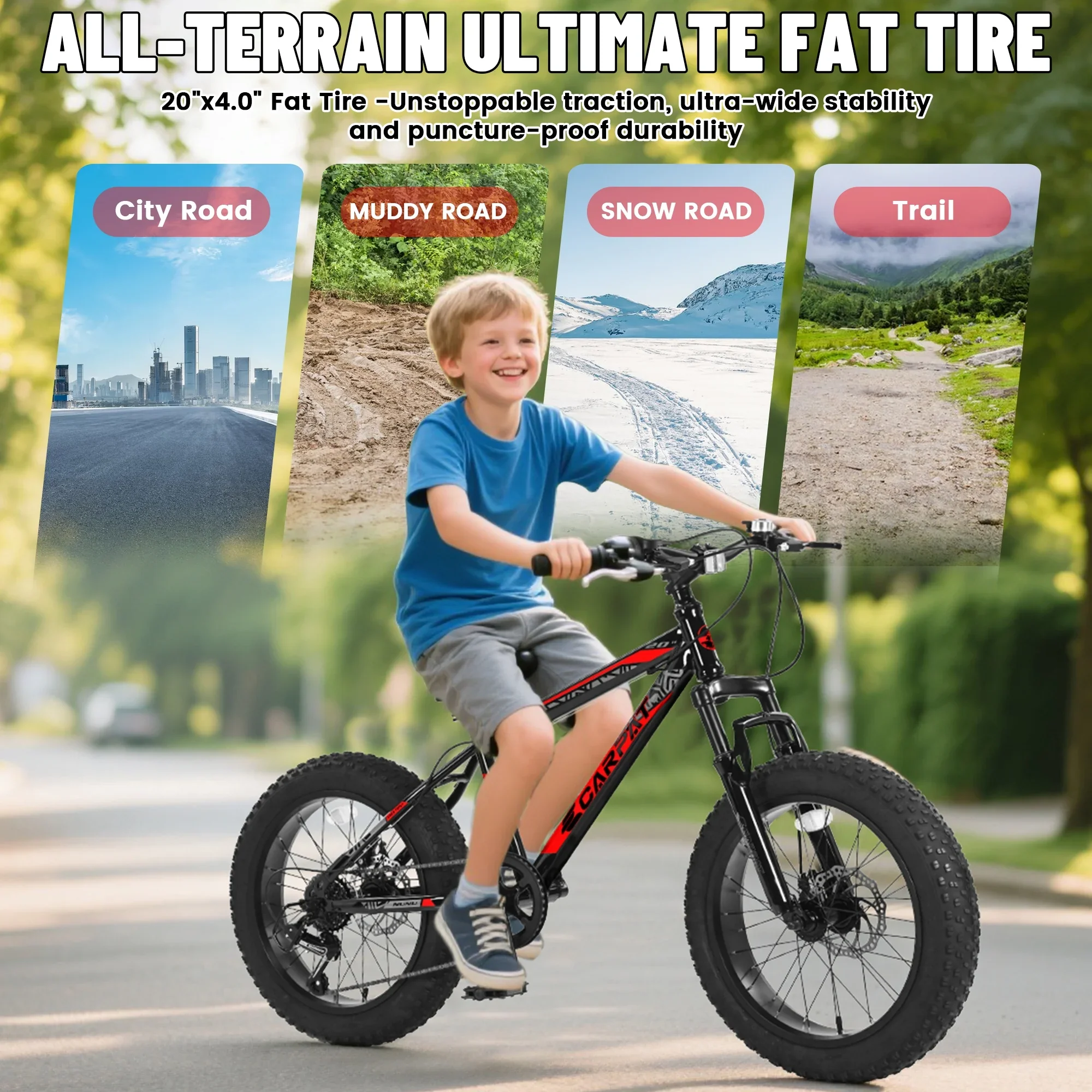 Ecarpat 20 Inch Fat Tire Kids Mountain Bike Shimano 7 Speed Dual Disc Front Suspension Bicycle for Boys Girls.