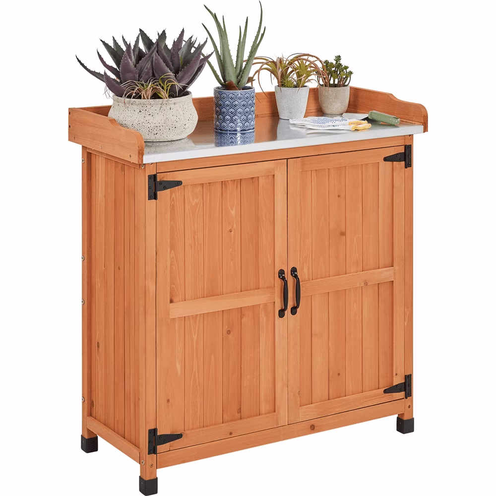 Outdoor Garden Potting Bench Table with Cabinet, Brown(Brown)