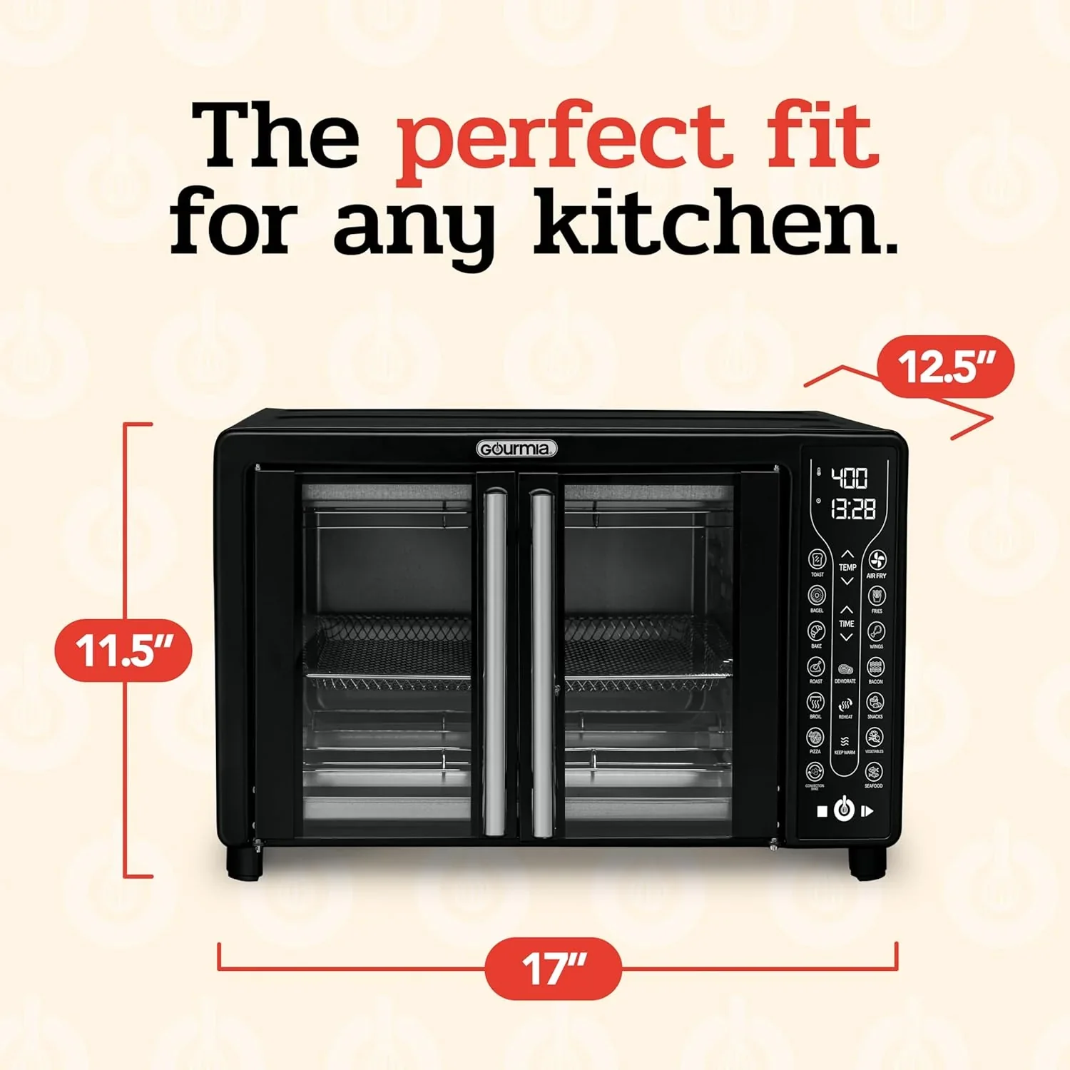 Four Gourmia avec friteuse à air chaud, 17 programmes de cuisson prédéfinis, capacité de 24 L et grille à convection.