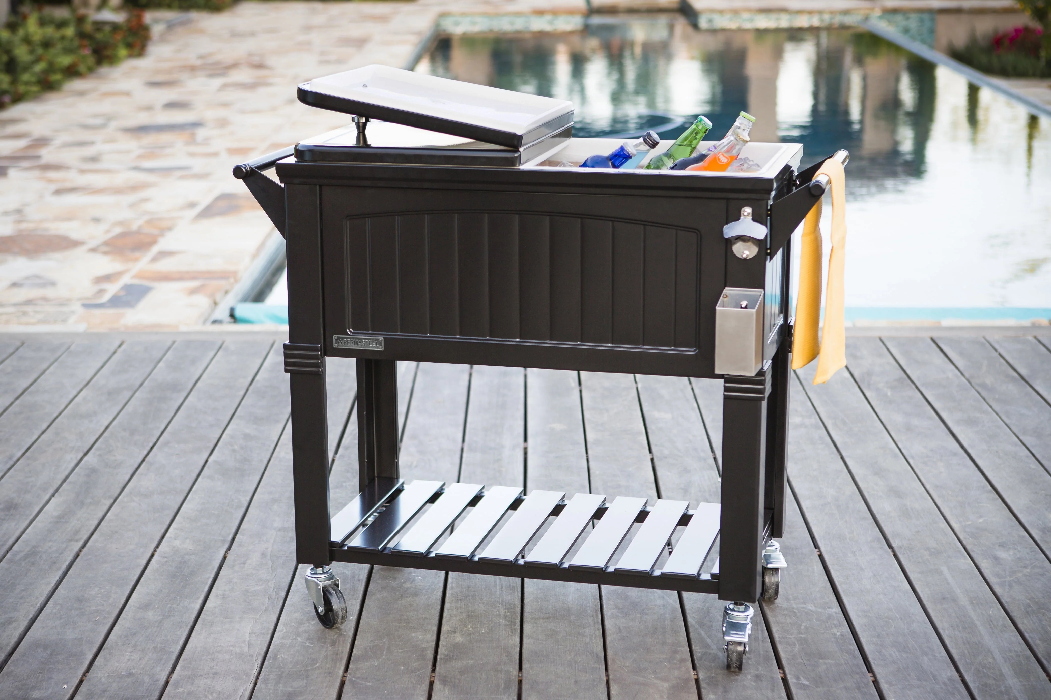 80 Qt Antique Outdoor Steel Patio Cooler on Wheels, Rolling Cooler Cart, Wooden Teak Style, Black(Black) Image 8