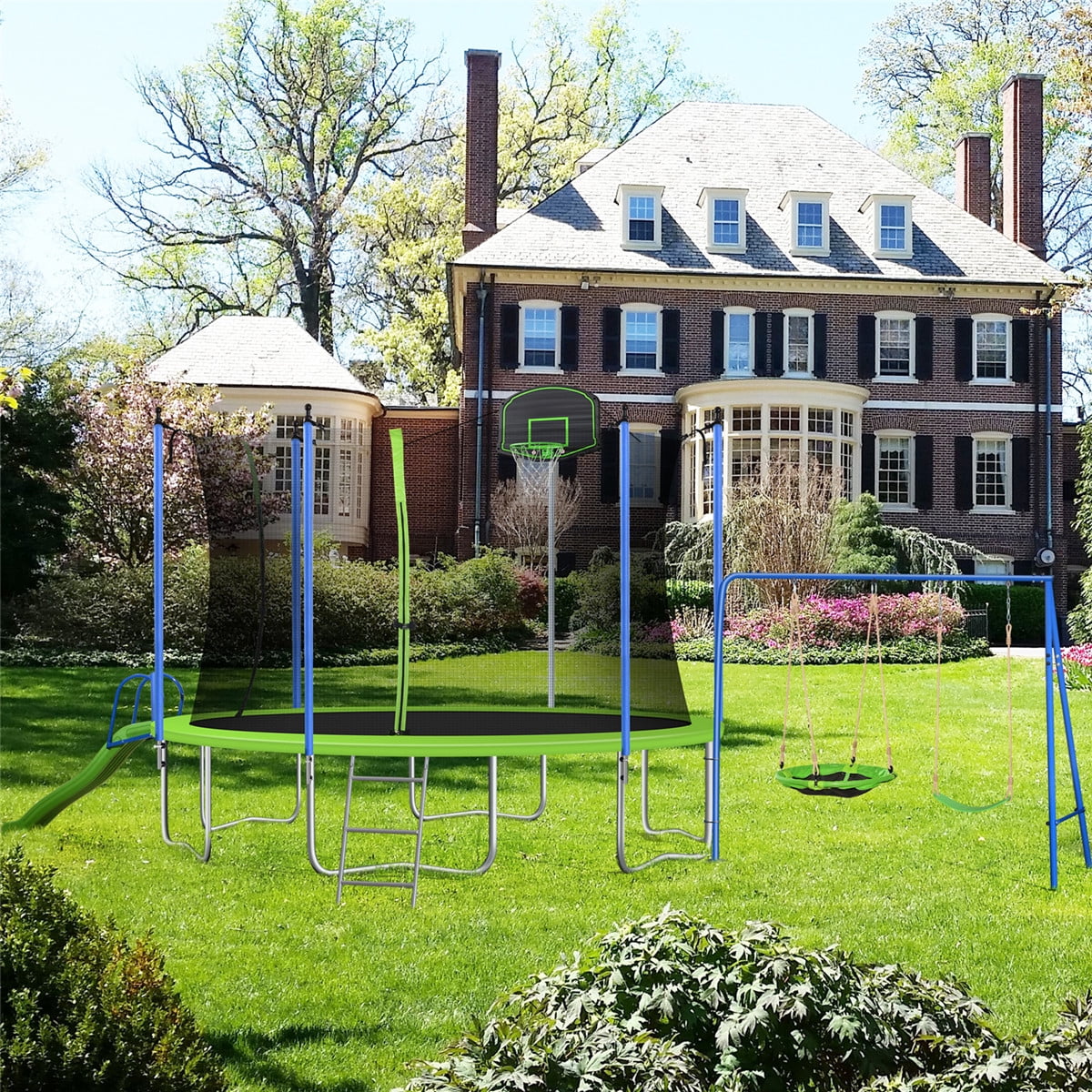 12FT Trampoline for Kids Adults, Recreational Trampoline with Slide Swing Basketball Hoop Enclosure Net, 600Lbs Capacity for 4-5 Kids(12') - Image 8