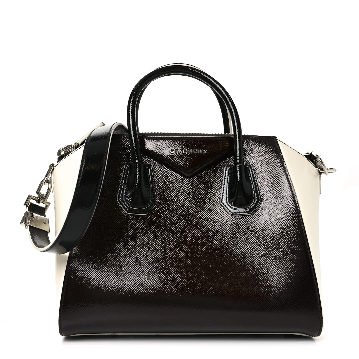Textured Patent Calfskin Small Tri-Color Antigona Black White Brown