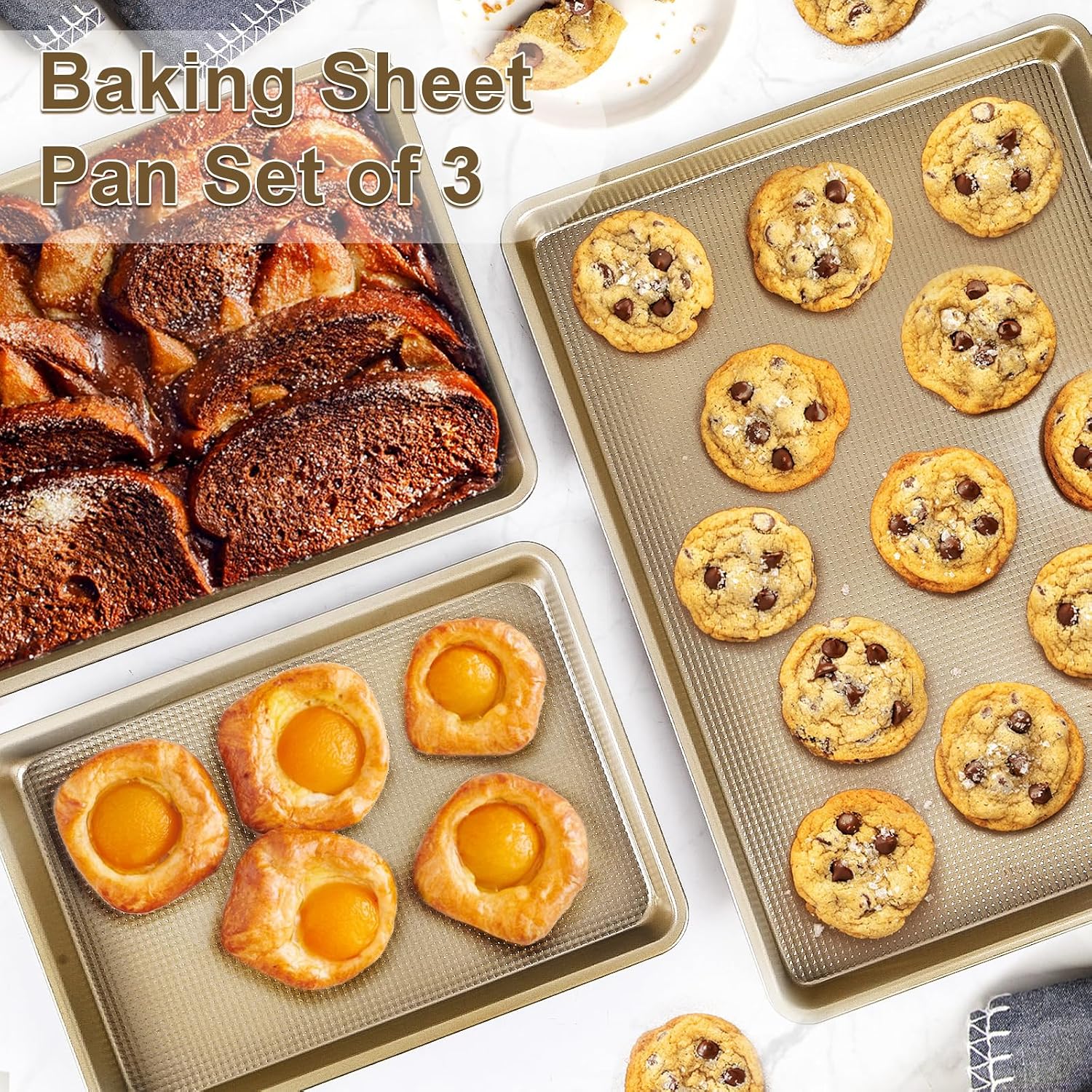 Baking Sheet Pan Set of 3| Nonstick Cookie Sheets for Baking Supplies| No Rust & No Toxic Carbon Steel Half Sheet Pan+Jelly Roll Pan+Quarter Sheet Pan Set| Heavy Duty Baking Tray for Oven