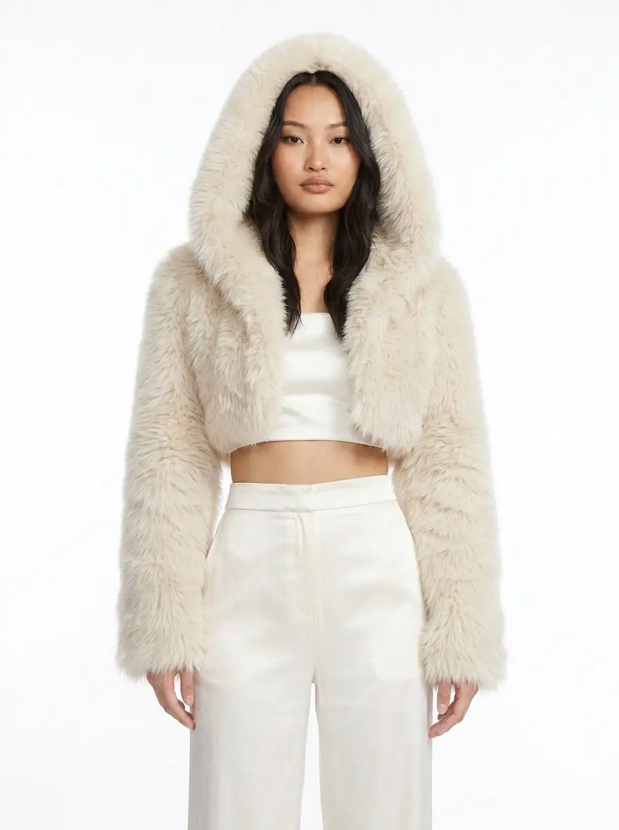 Front view of a woman wearing a cream hooded cropped faux fur jacket
