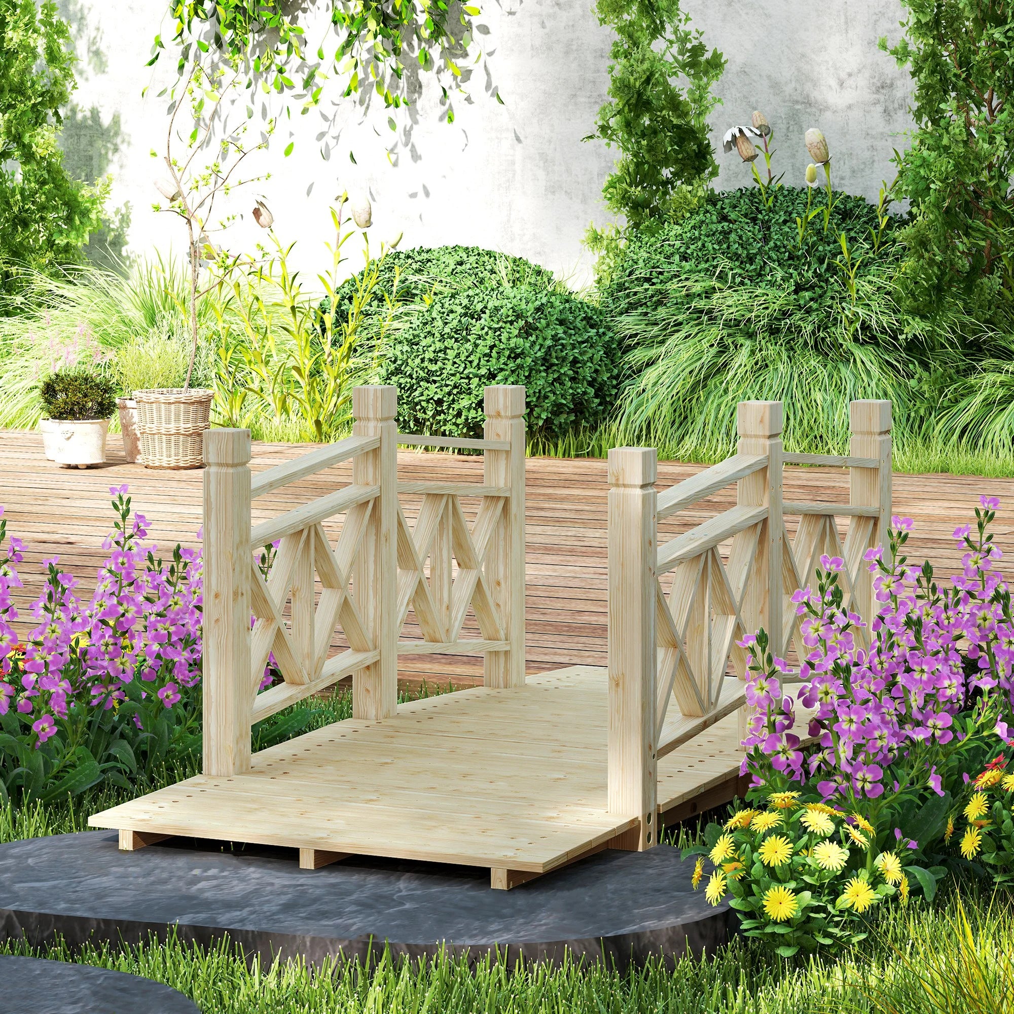 QISHENSHUI 5 ft. Sturdy Natural Wood Garden Bridge �C Premium Timber Construction with Solid Safety Handrails for Backyard Paths, Small Ponds & Garden Water Features, Carbonized