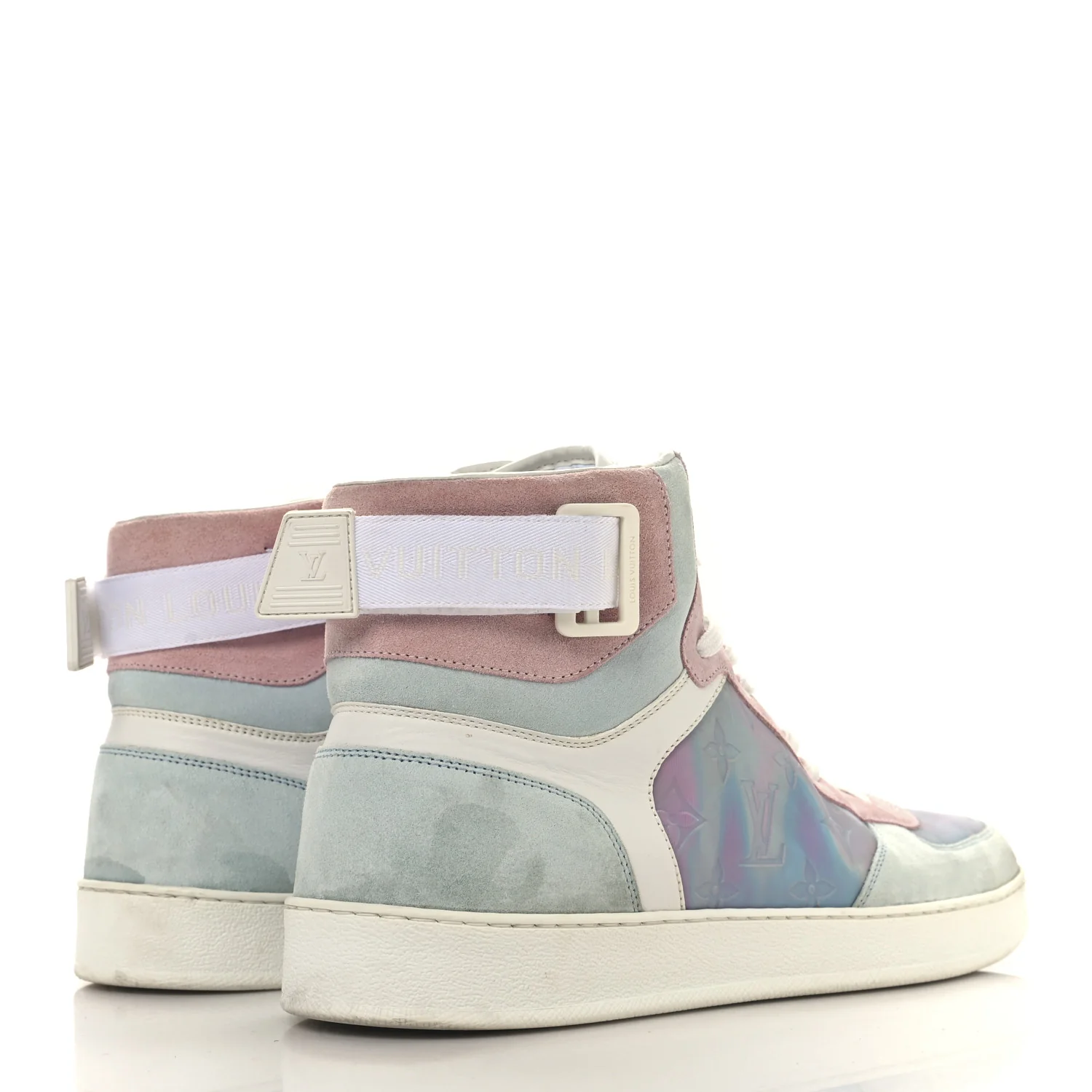 Calfskin Suede Monogram Mens Rivoli High Top Sneakers 10 White Multicolor