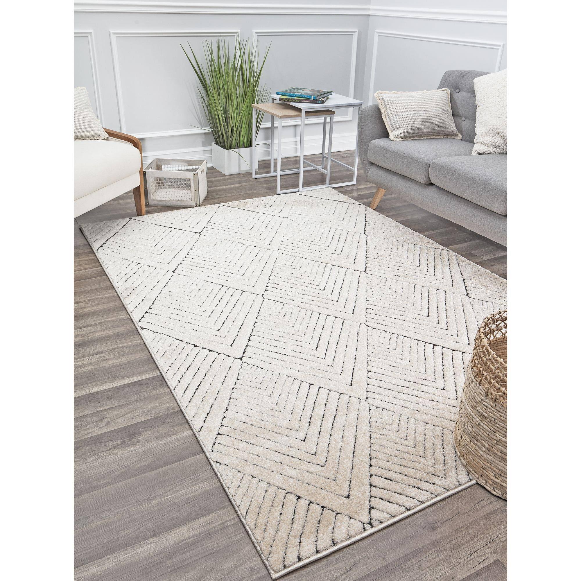 CosmoLiving by Cosmopolitan Chanai CN30A Alabaster Geometric Contemporary Tan Area Rug, 2'x8'