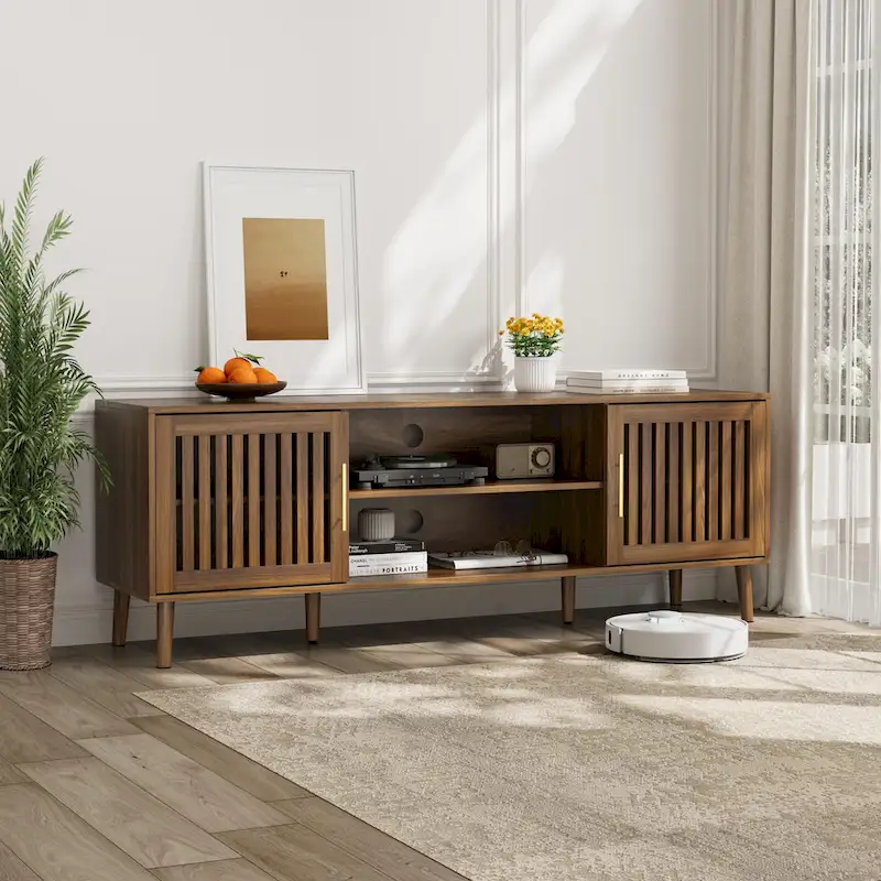 Farmhouse TV Stand with Slatted Doors and Storage Shelves
