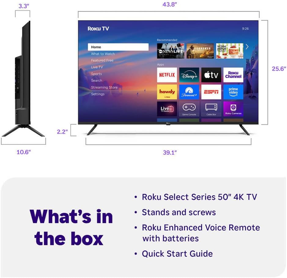 Roku 50-Inch Select Series 4K UHD Smart TV - HDR  Dolby Audio  Compatible with Alexa  Voice Remote  Bluetooth Mode  w/AUX HDMI Cable  CPS 1-Year Protection Plan + Streaming kit