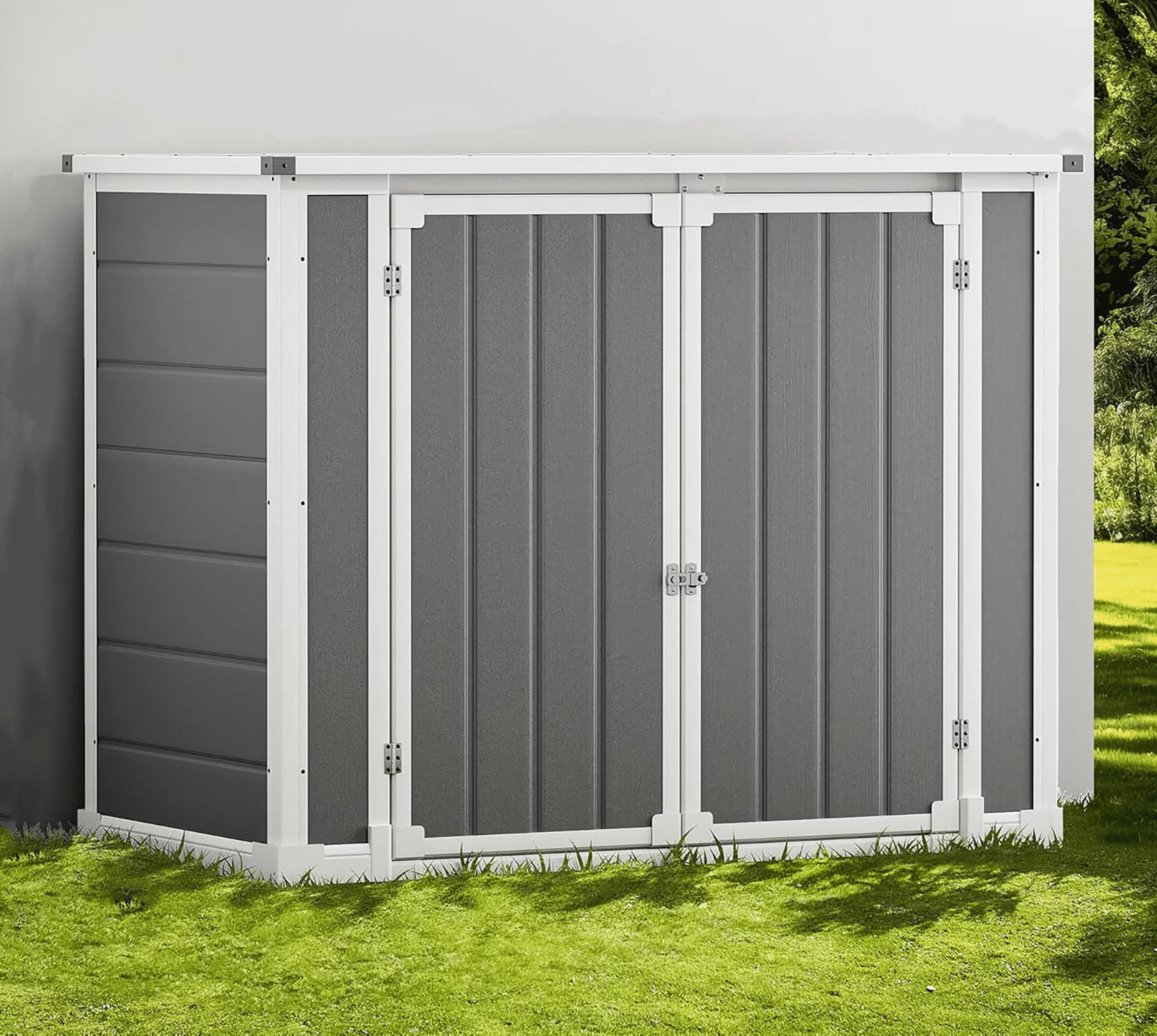 Shinpt Outdoor Storage Shed, 41 Cu Ft. All-Weather Resin Tool Shed, Lockable Double Door Shed for Storage of Garden Tools, Pool Accessories, Bikes, Garbage Bin, for Garden, Yard Lawn Pool