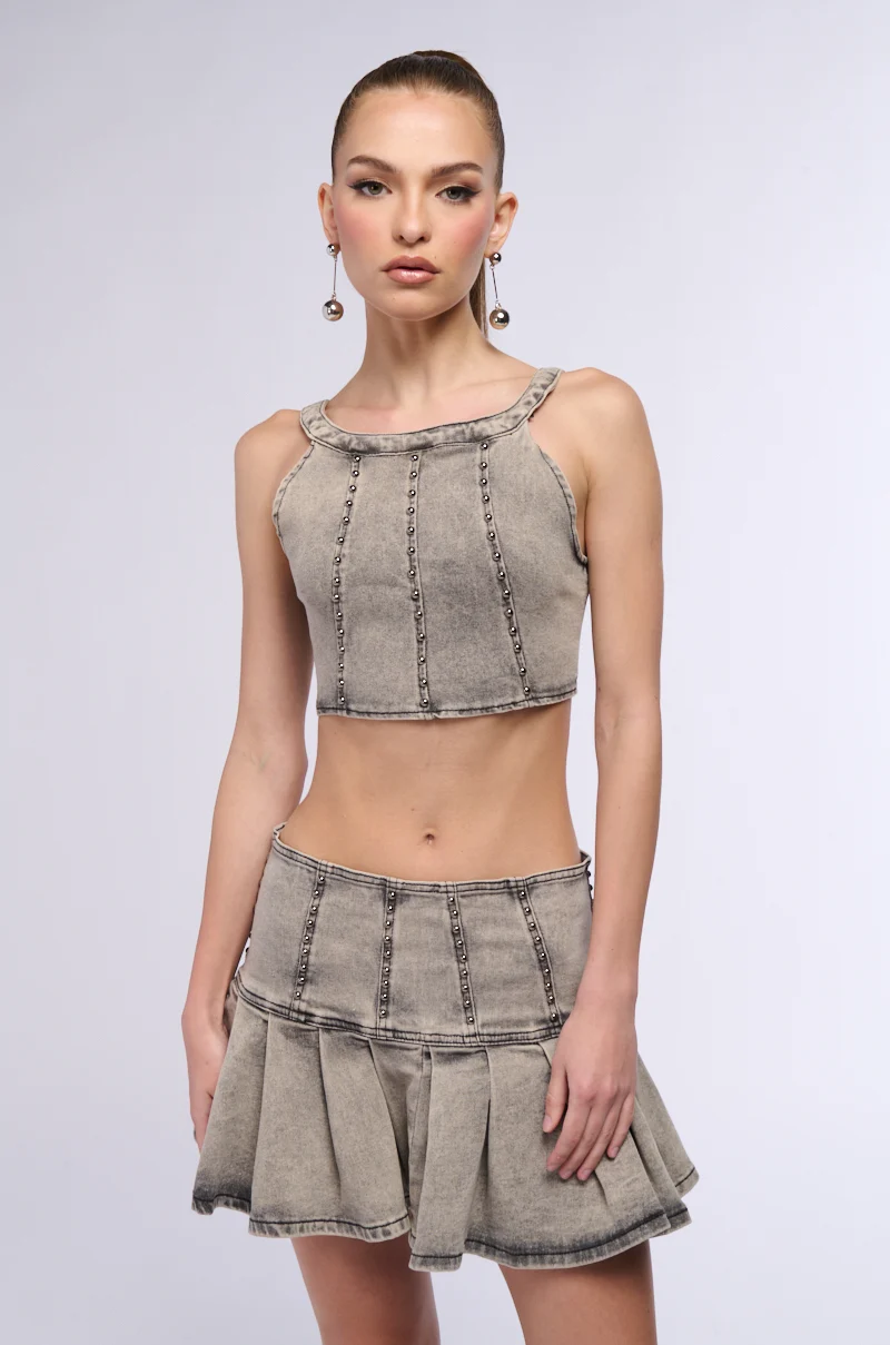 STAND ON MY BUSINESS MINERAL WASH DENIM STUDDED SLEEVELESS TOP - Akira Store