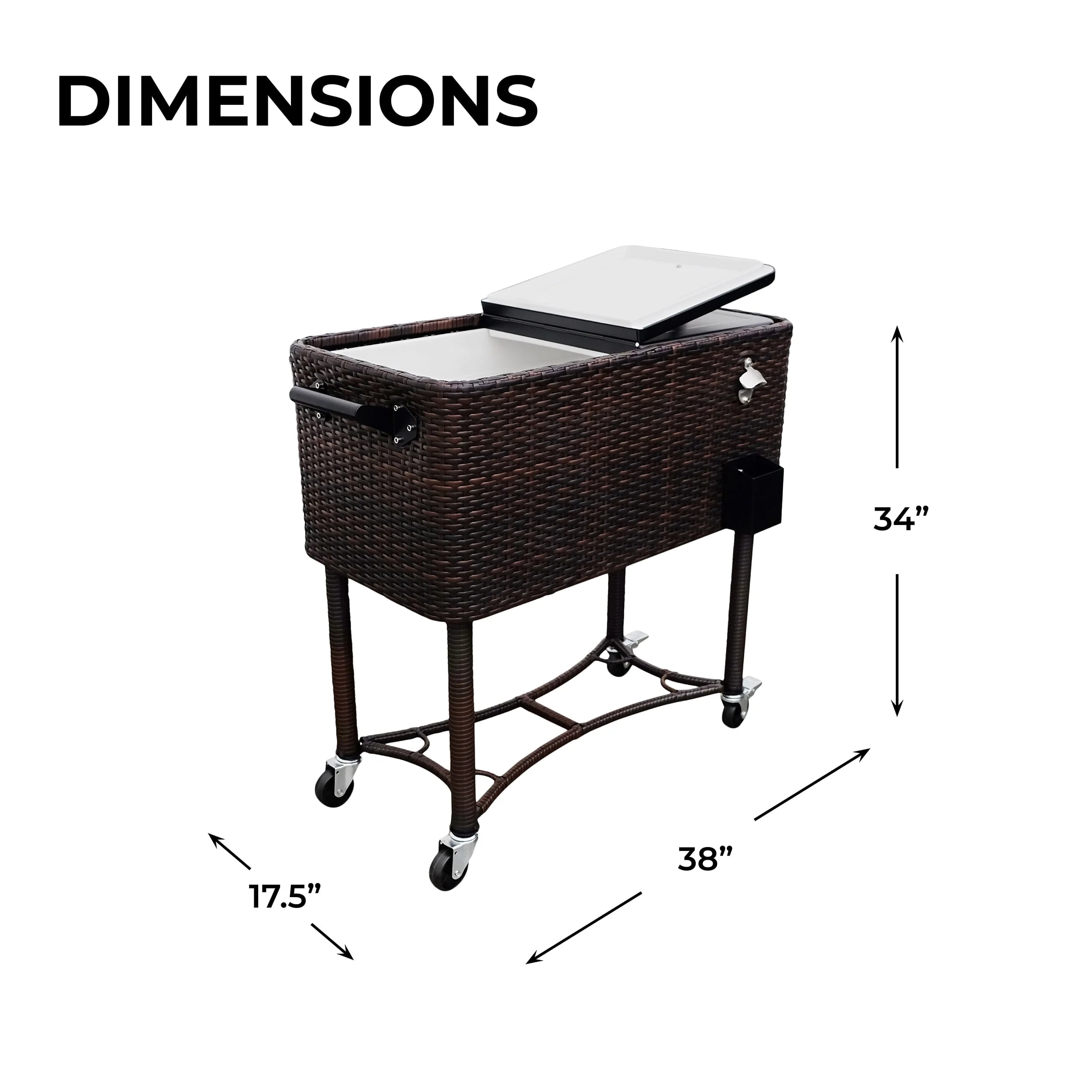 80-QT Wicker Outdoor Patio Cooler, Hand-Woven Wicker Cooler Cart, Rolling Cooler on Wheels with Handle, Brown - Image 8