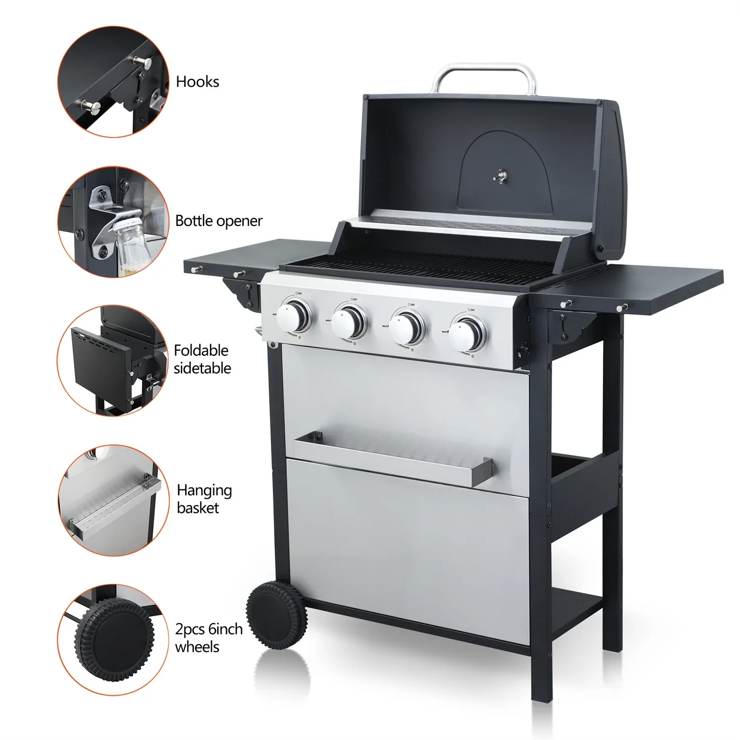 HighSound 3 Burner BBQ Propane Gas Grill, Stainless Steel 25650 BTU Patio Garden Barbecue Grill with Wire Enamel Cooking Grids & Foldable Shelves, Black