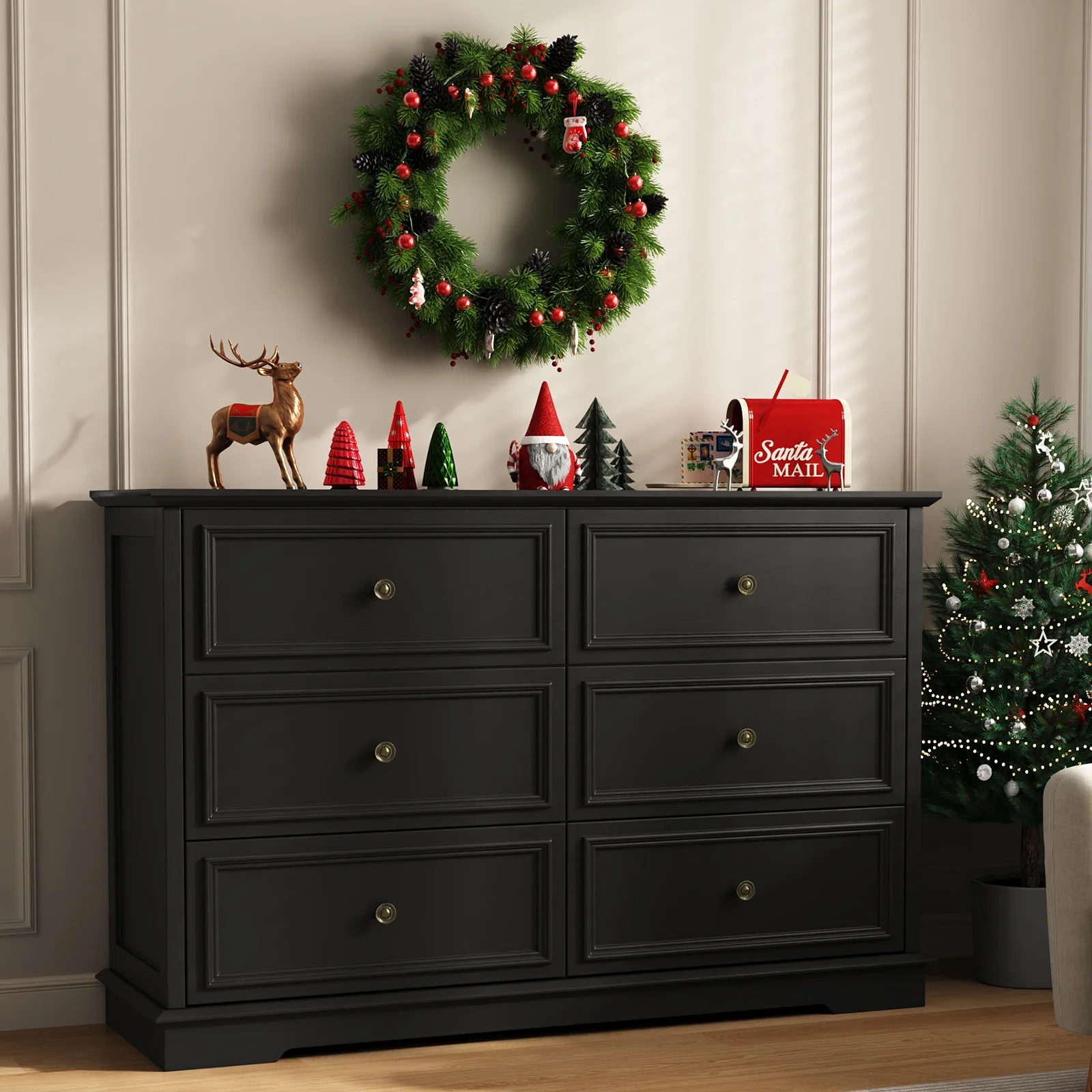 IDEALSOUL Black Dresser, 6 Drawer Dresser for Bedroom, Retro Wood Storage Cabinet for Living Room