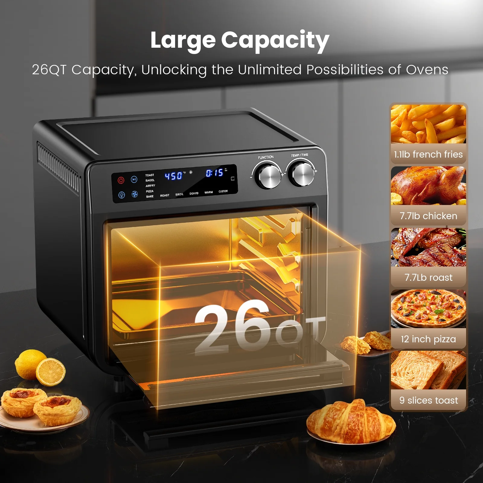 26QT Air Fryer Oven,Oil-Less Digital Touchscreen Toaster Oven with 10-in-1 Multi FunctionCustom Mode, Visible Window , 1800W,Black - Image 3