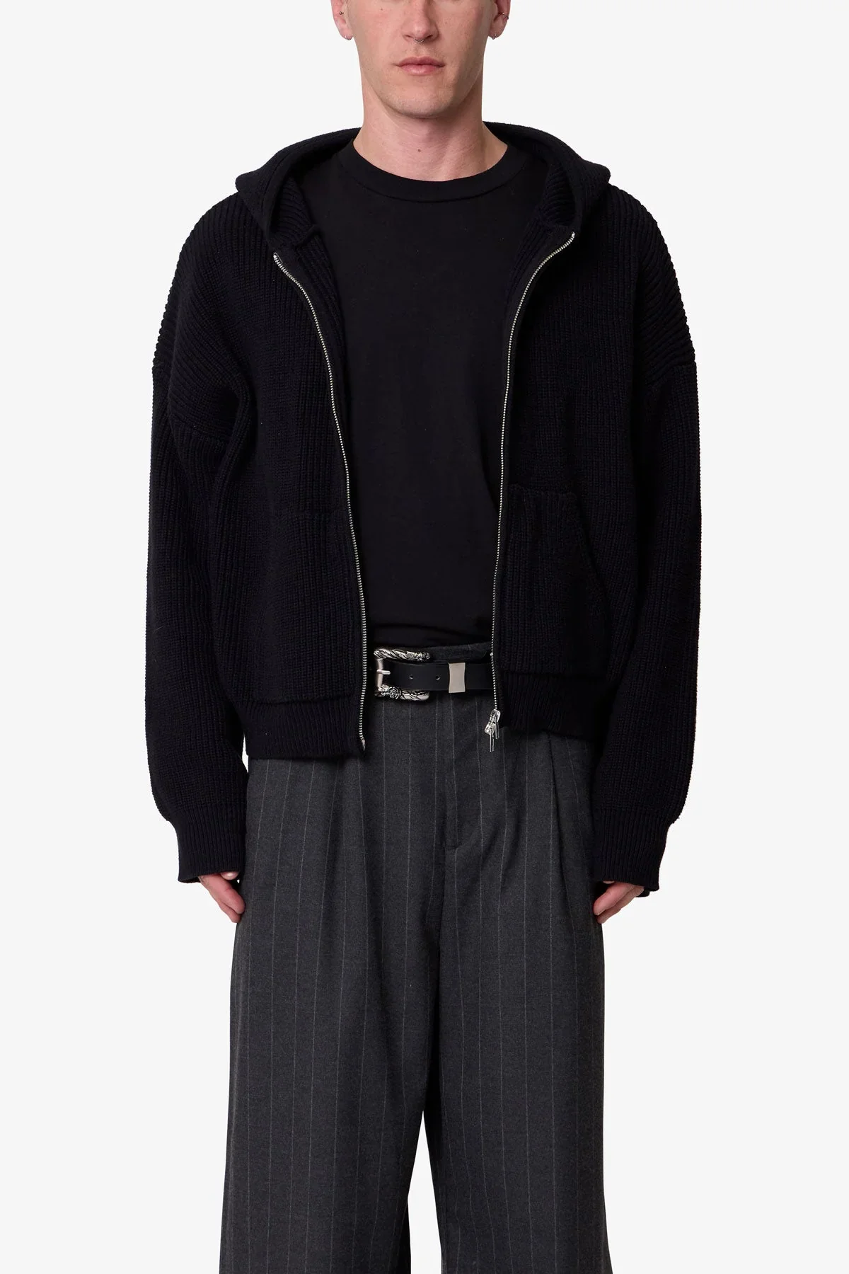 Knit Zip Up Hoodie - Black