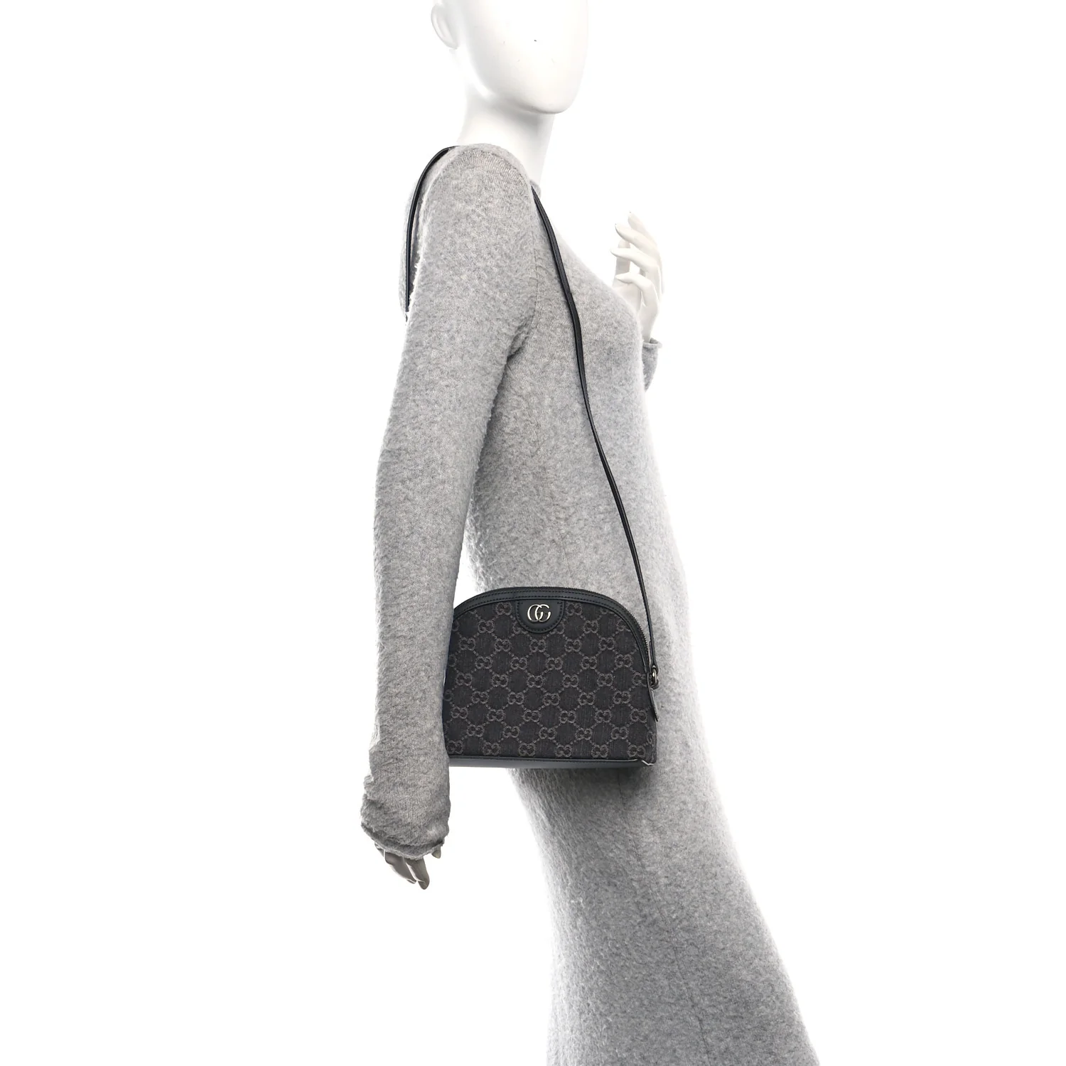 Denim Cuoio Harness GG Monogram Small Ophidia Dome Shoulder Bag Black Medium Grey