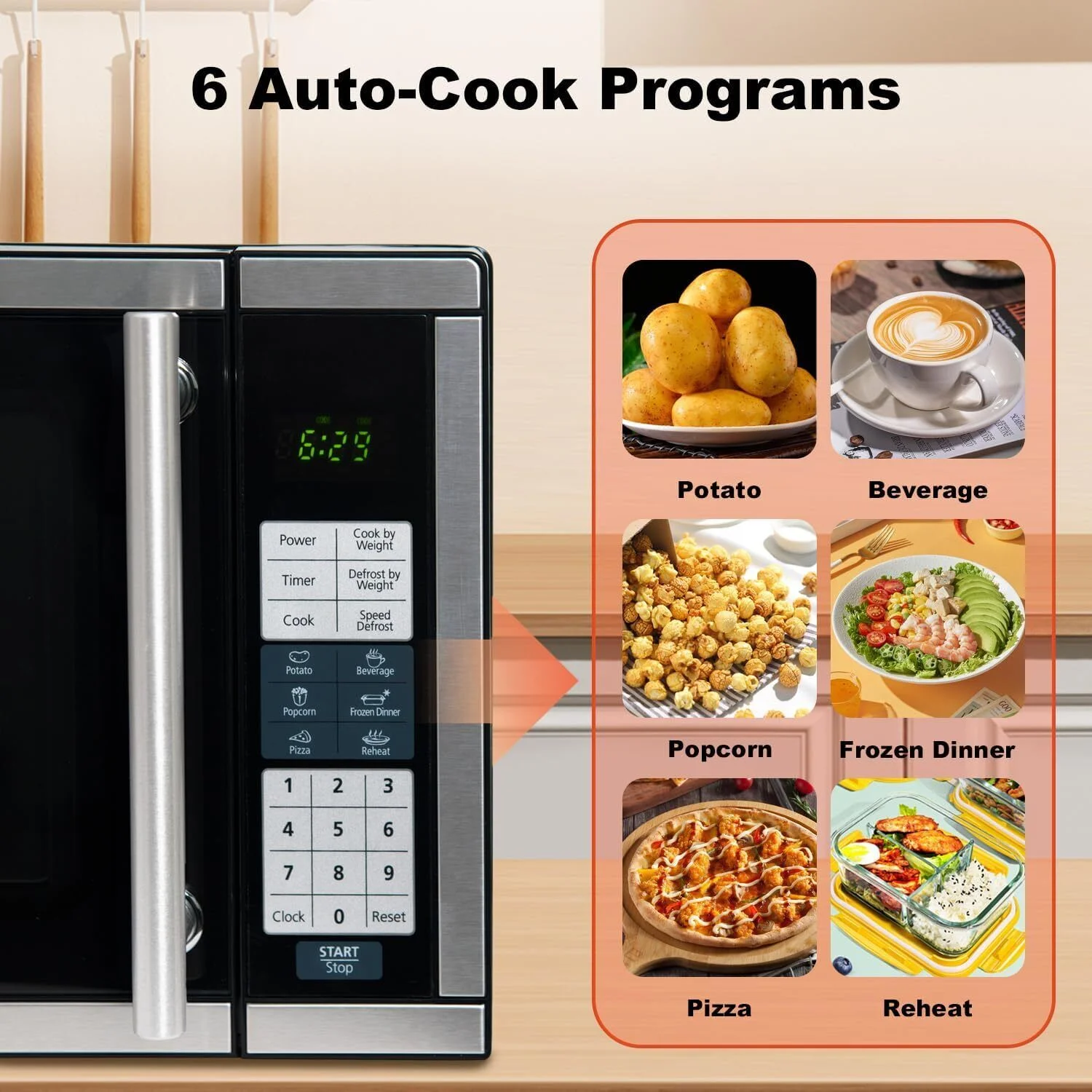SMAD Countertop Microwave Oven 700W 10 Power Levels 6 Auto Menus 0.7 cu ft