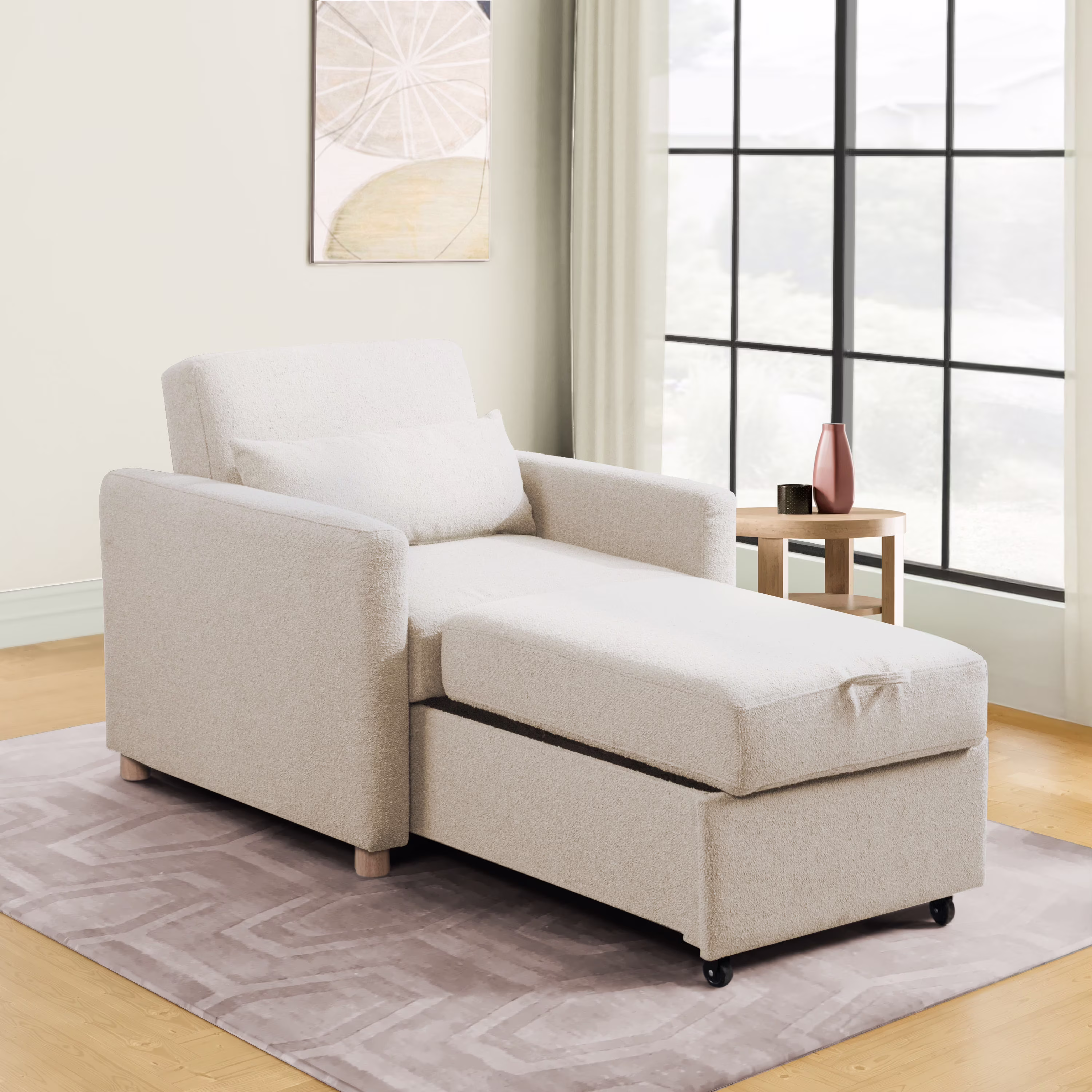 Carly Scandinavian Style Convertible Chair, Ivory Fabric(Ivory)