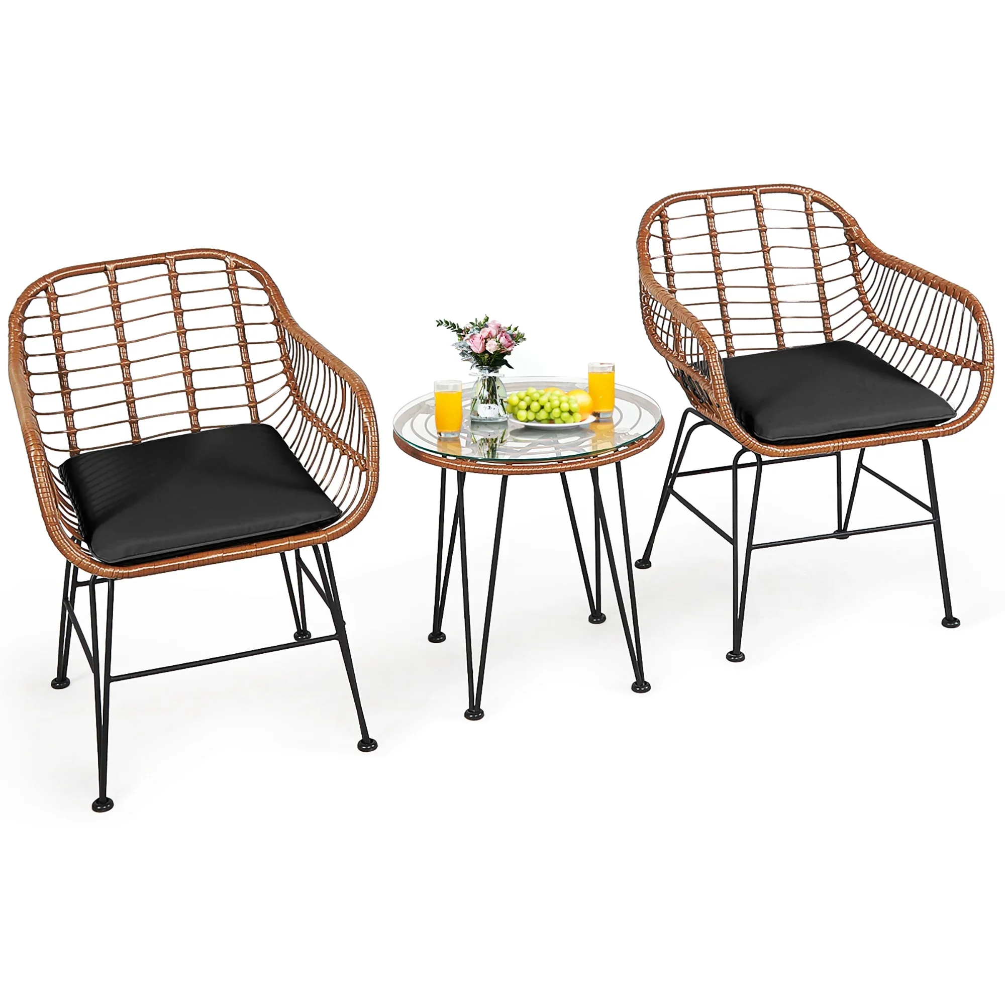 Costway 3PCS Patio Rattan Bistro Set Coffee Table Armchair Garden Red Cushion