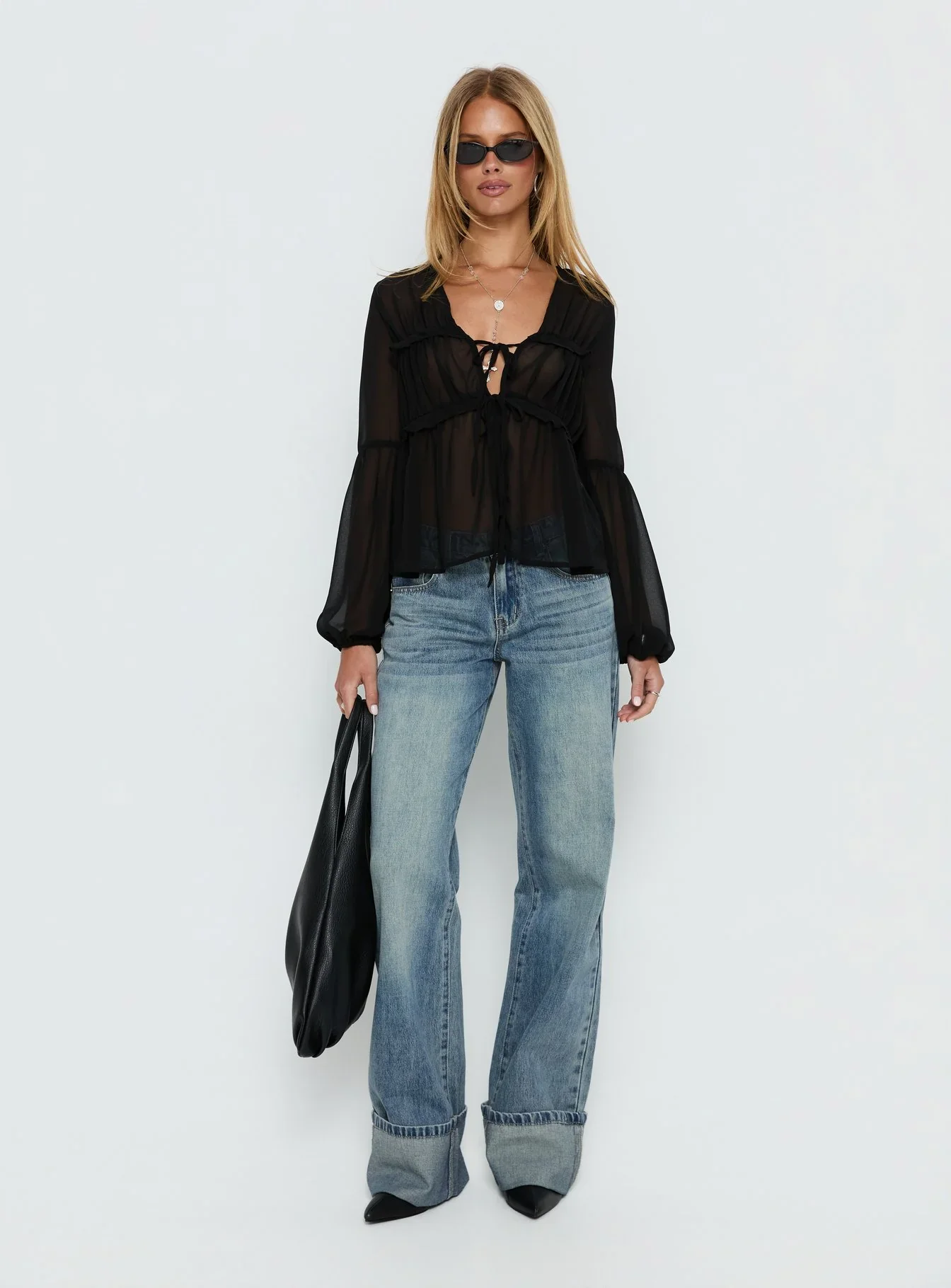 Palapa Tie Detail Sheer Long Sleeve Top Black
