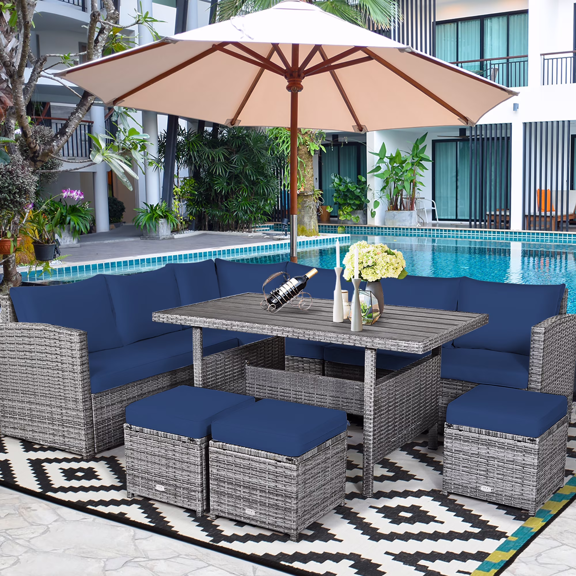 Costway 7 PCS Patio Rattan Dining Set Sectional Sofa Couch Ottoman Garden Red
