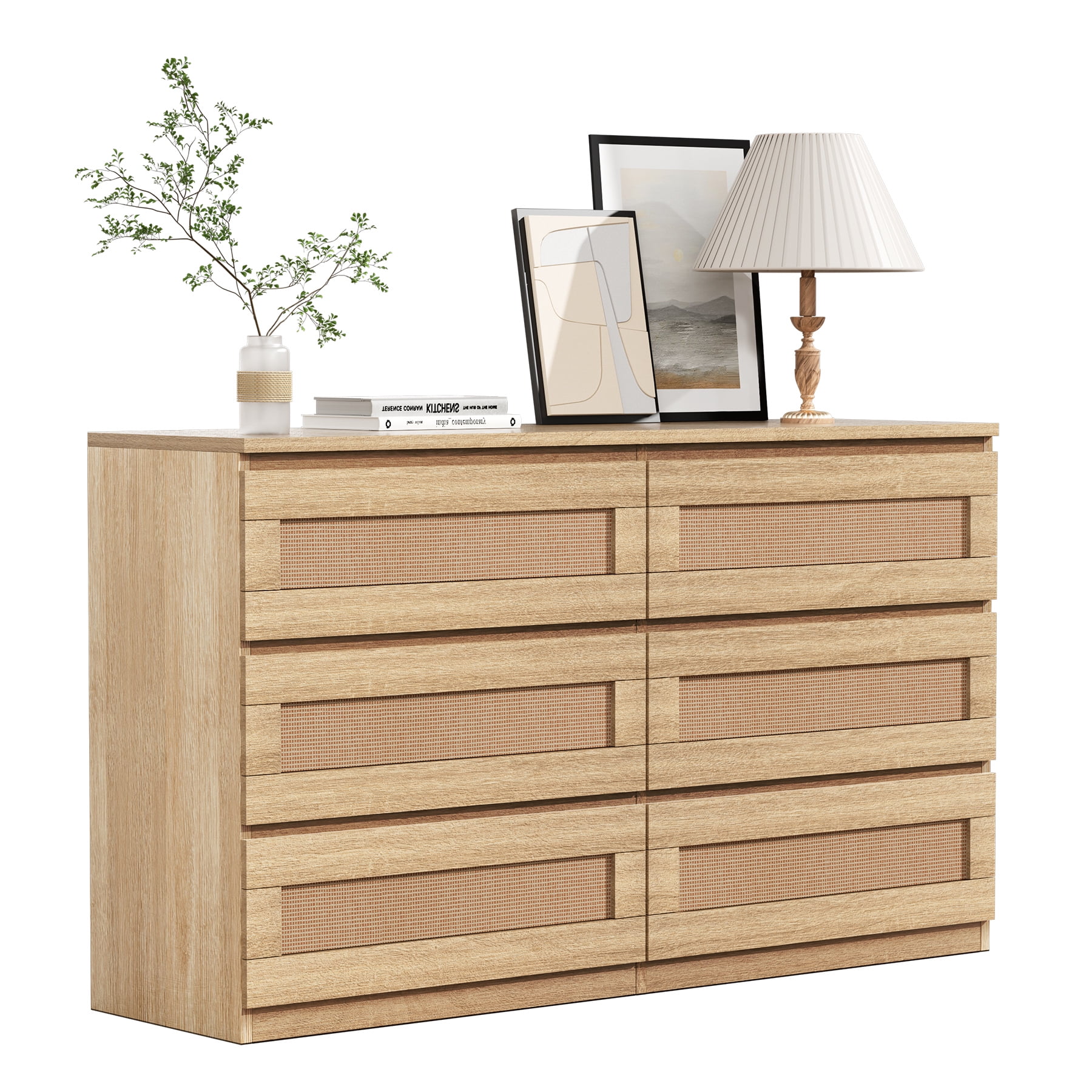 Rattan Dresser for Bedroom 6 Drawer, Double Dresser with Anti-Tip Kit, Wood Storage Wide Chest of Drawers for Bedroom, Living Room, Hallway, Oak Color(6 Drawer/Natural) - Image 9