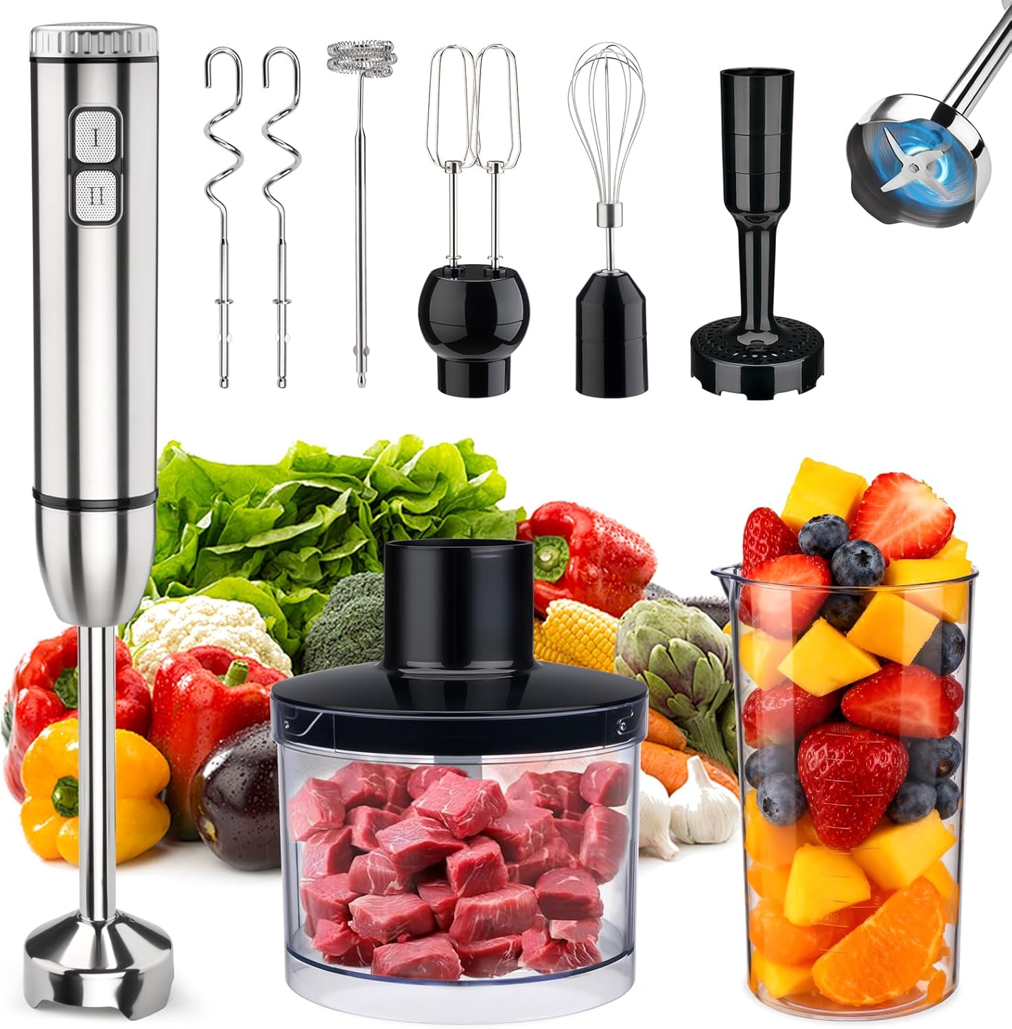 Immersion Blender Handheld 8 in 1 Hand Held Blenders Mixer Stainless Steel Electric Stick Beaker Chopper Milk Frother Grinder