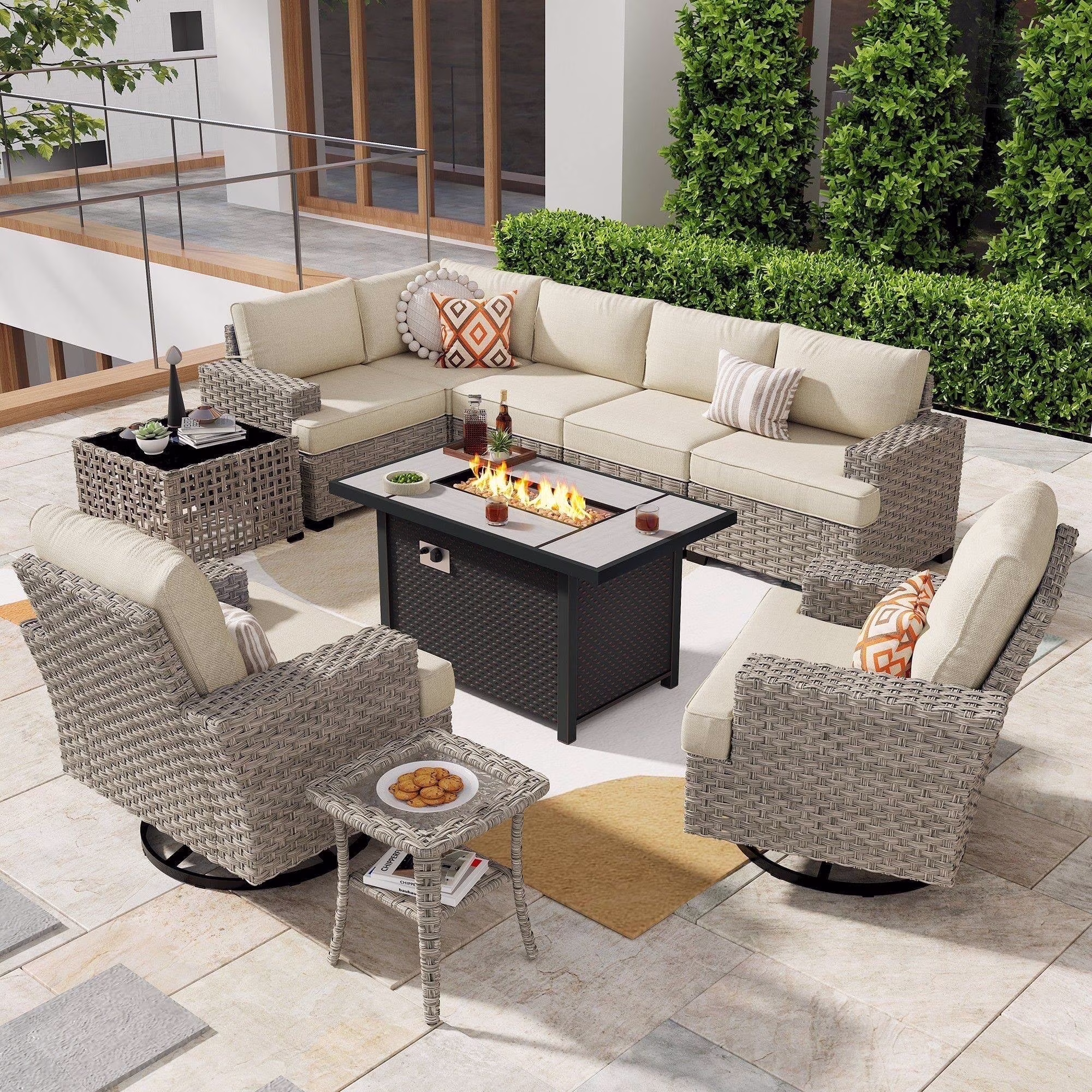 10 Pieces Outdoor Patio Furniture Modern High-Back All-Weather Wicker Sectional Conversation Set with Propane Fire Pit Table Swivel Chair, Dark Gray(Dark Gray) - Image 5