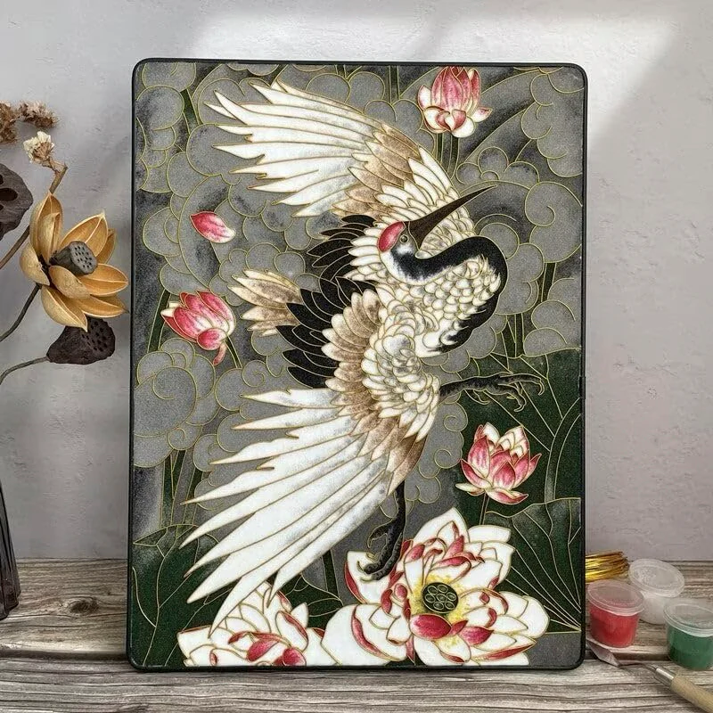 Crane and Lotus, DIY Cloisonne Filigree Enamel Kit, with Tutorial& All Tools
