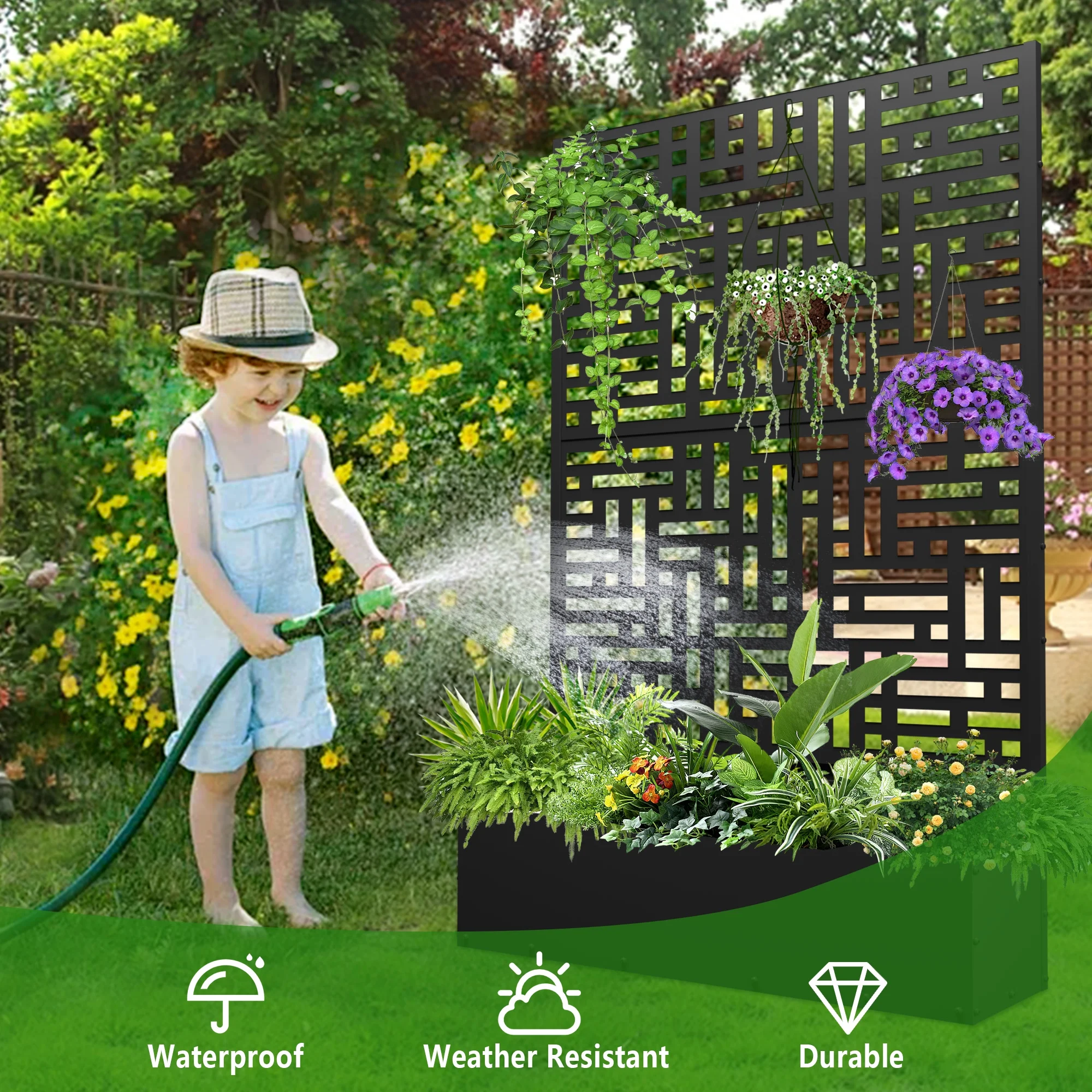 FOOWIN 71'' H Metal Planter with Trellis, Outdoor Raised Garden Bed for Climbing Plants, Trellis Planter Box with Drainage Hole, Black