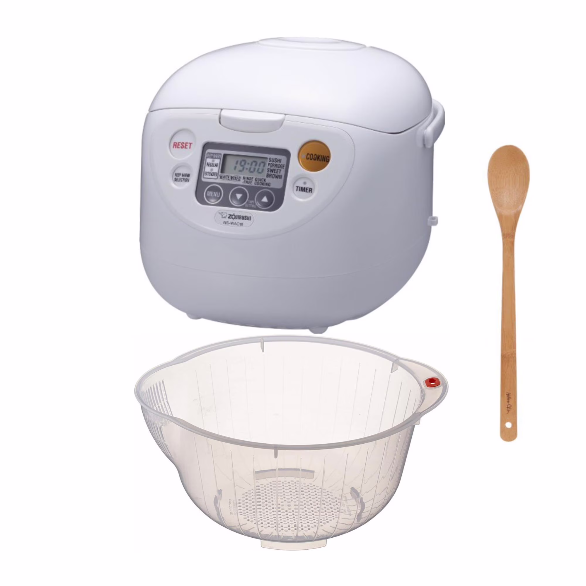 Zojirushi Micom Rice Cooker and Warmer (10 - Cup/ Cool White) with Rice Washing Bowl and Bamboo Spoon