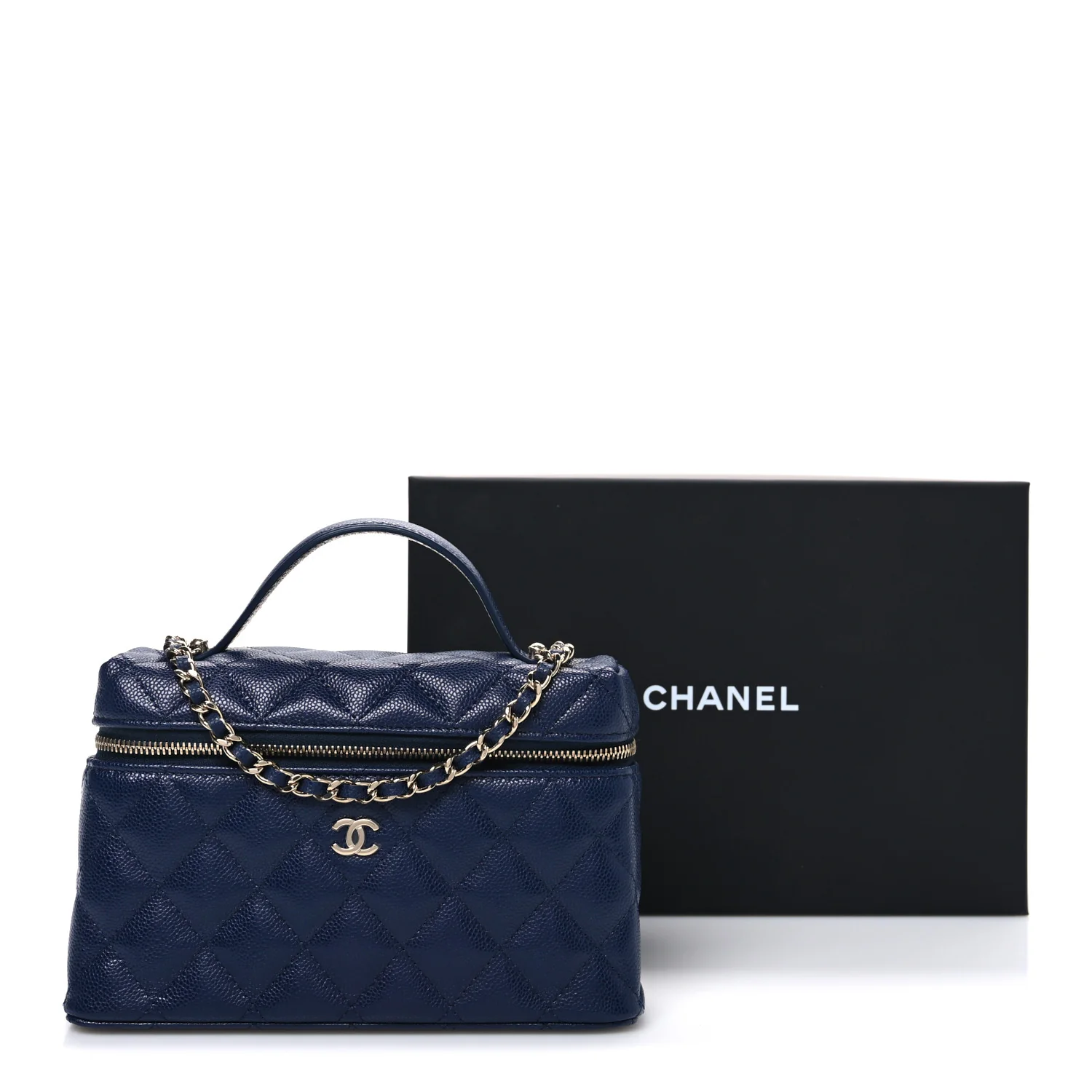 Caviar Quilted Top Handle Slim Vanity With Chain Navy