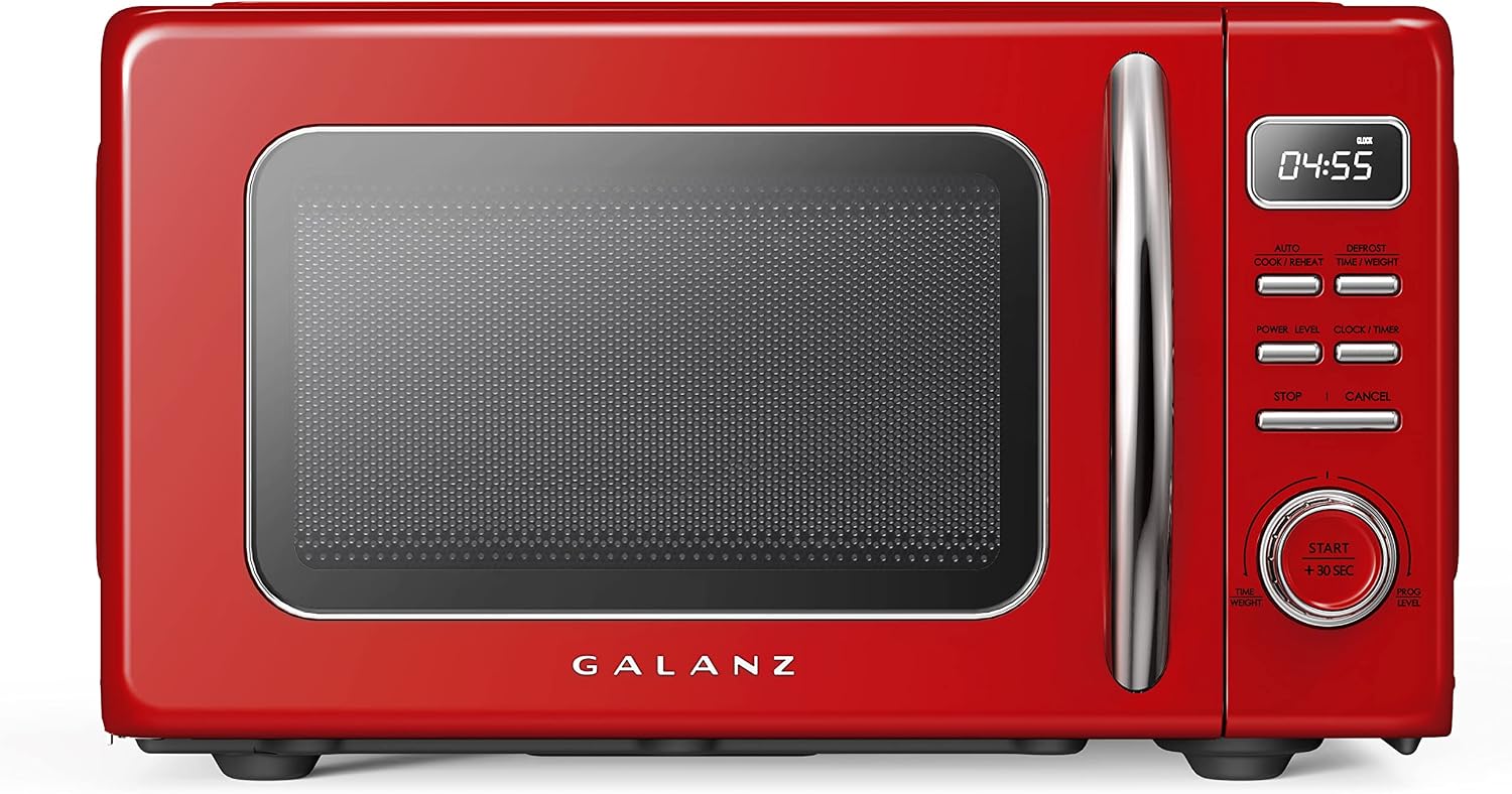 Galanz GLCMKZ07RDR07 Retro Countertop Microwave Oven with Auto Cook & Reheat, Defrost, Quick Start Functions, Easy Clean with Glass Turntable, Pull Handle. 7 cu ft, Red