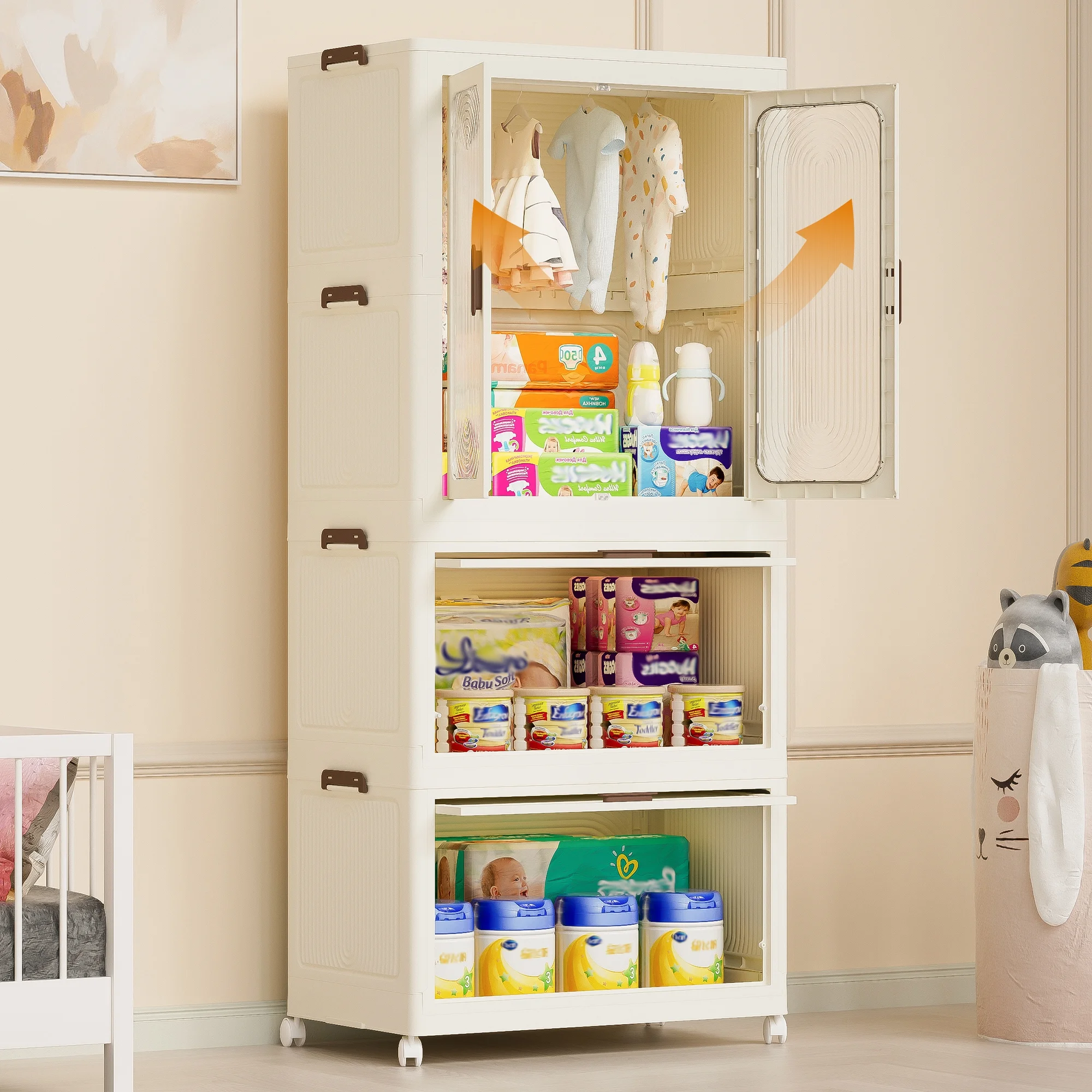 Kids Portable Wardrobe w/ Magnetic Doors Hanging Rod 4-Cube Plastic Storage Cabinet,Nursery/Bedroom(4 Cubes) - Image 8