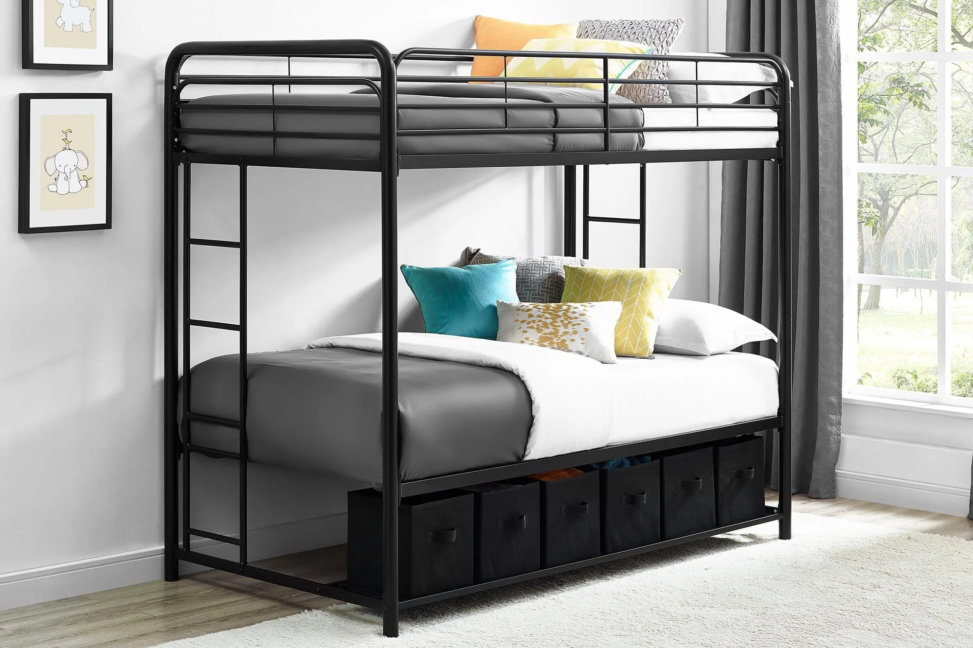 Twin over Twin Metal Bunk Bed with Storage Bins, Black - Image 3