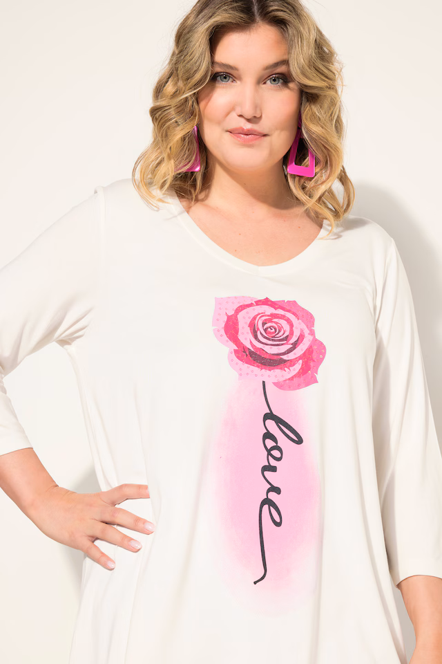 A-Line 3/4-Sleeve Rose Pattern T-Shirt