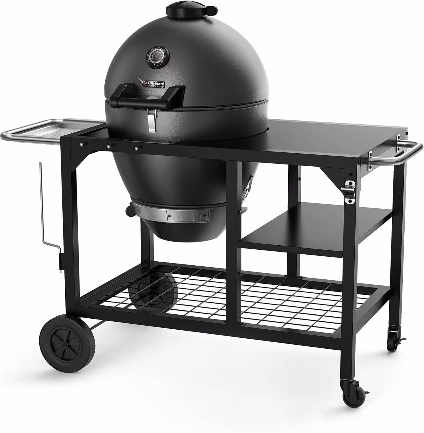 RODEO Steel Kamado Charcoal Grill Smoker, Cabinet Style Egg Grill with 22" Cast Iron Grates, Grilling Basket, Large Prep Table Cart(20)