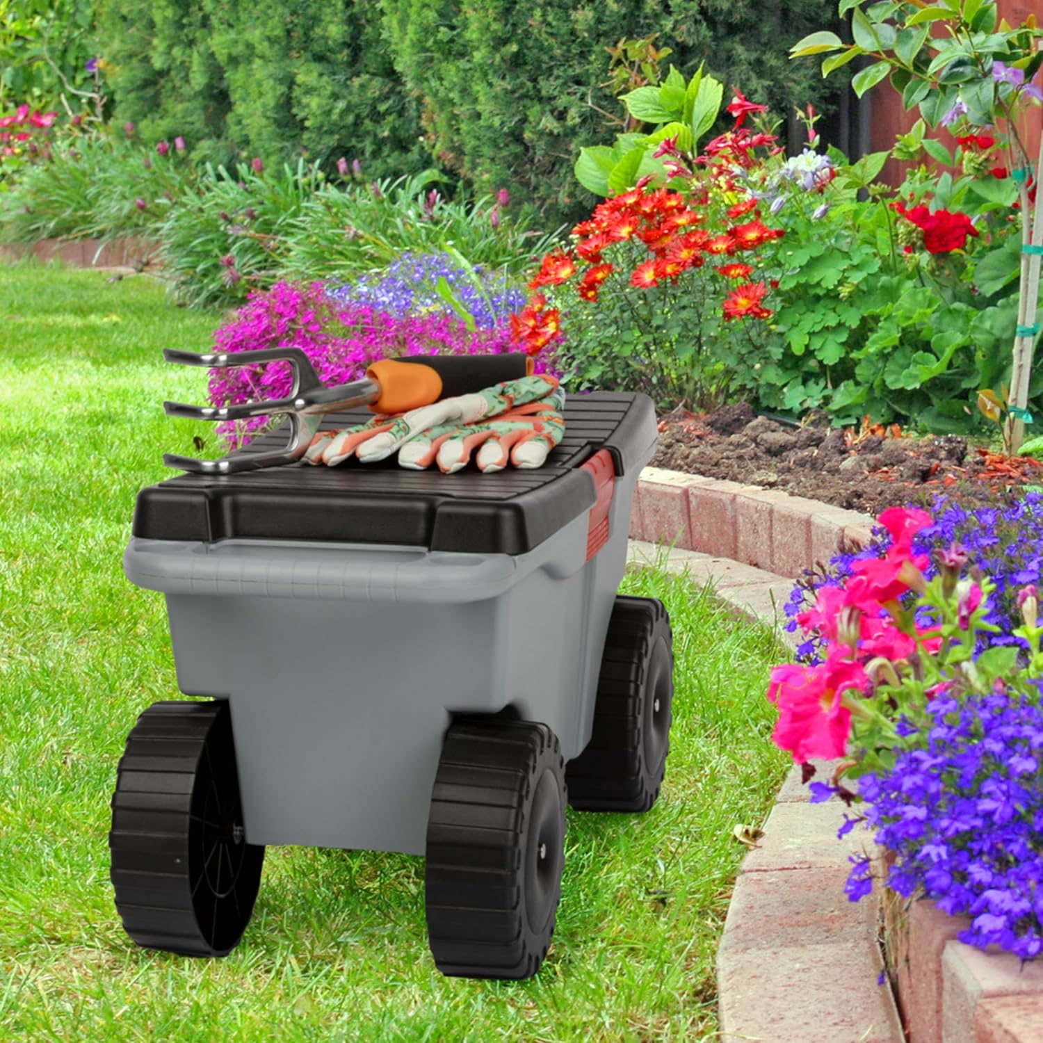 Pure Garden Rolling Garden Cart with Seat, Gray