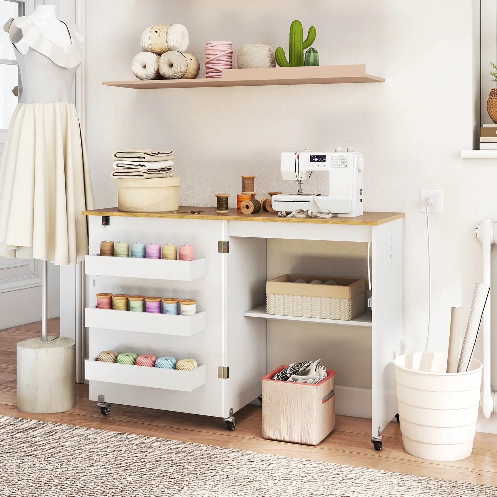 Folding Sewing Table Rolling Craft Station with 3 Storage Bins Charging Station White+natural(White+Natural) - Image 2